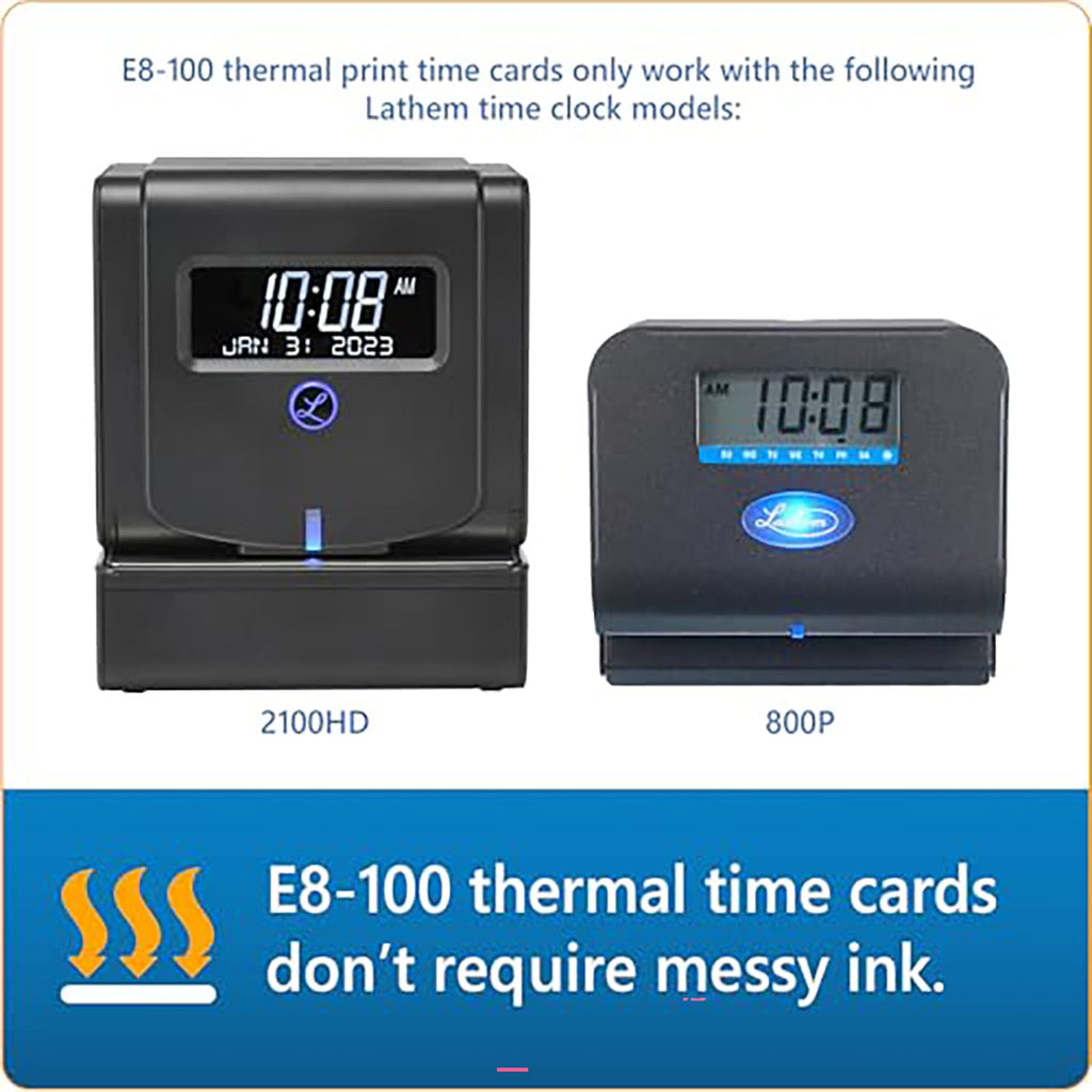 Lathem Time Cards, Thermal, Weekly, 100 per Pack, White (LTHE8100)