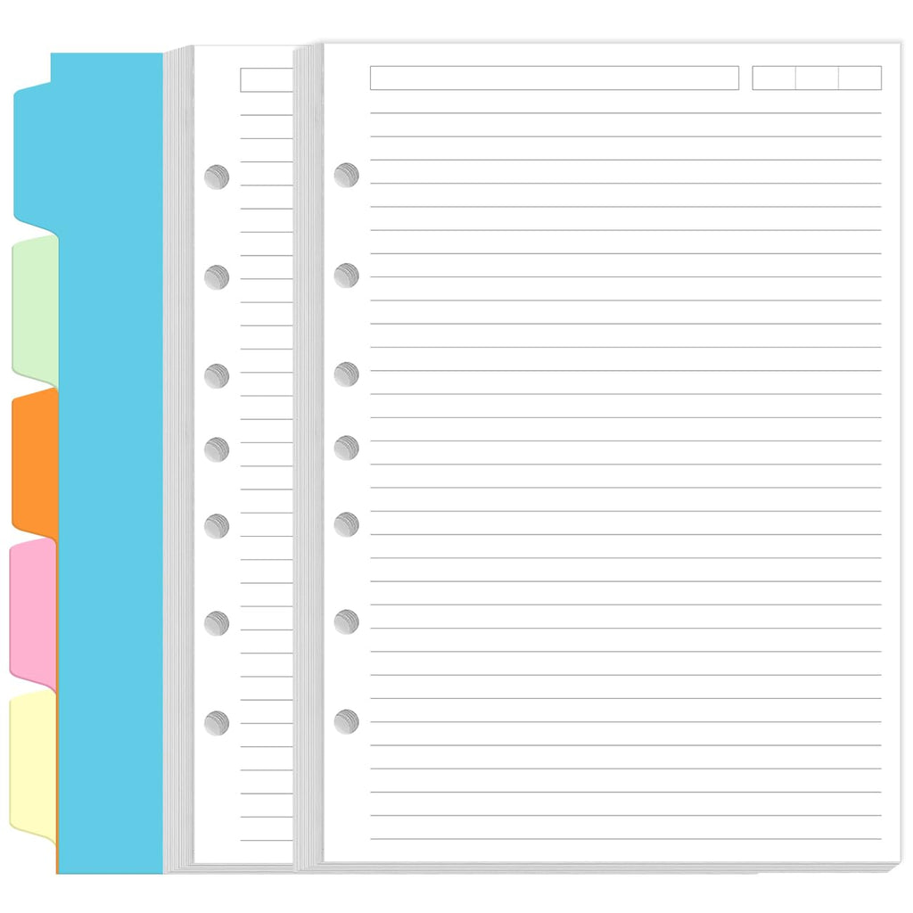 7-Hole Lined Paper Refills for Mini Binder - 100 Sheets/200 Pages 7 Ring Loose Leaf Lined Paper with 5 Colorful Tab Dividers, 5.8" x 8.5"