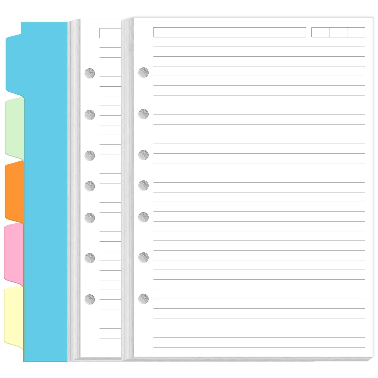 7-Hole Lined Paper Refills for Mini Binder - 100 Sheets/200 Pages 7 Ring Loose Leaf Lined Paper with 5 Colorful Tab Dividers, 5.8" x 8.5"