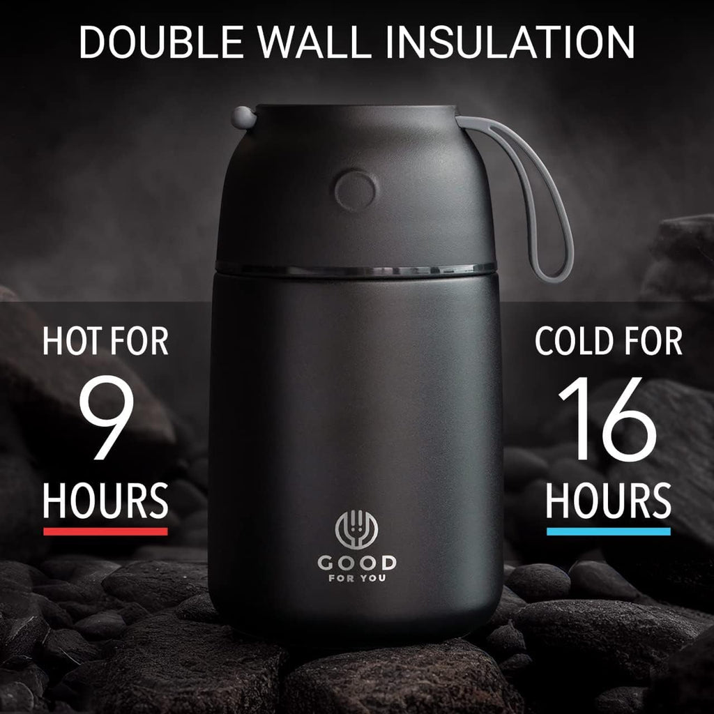 Insulated Food Flask - 730ml Stainless Steel Jar for Hot and Cold Meals – Double-Wall Insulation, Thermal Food Container for School, Office, Travel, Camping - Foldable Spoon, Bag - Black - 24.7 oz