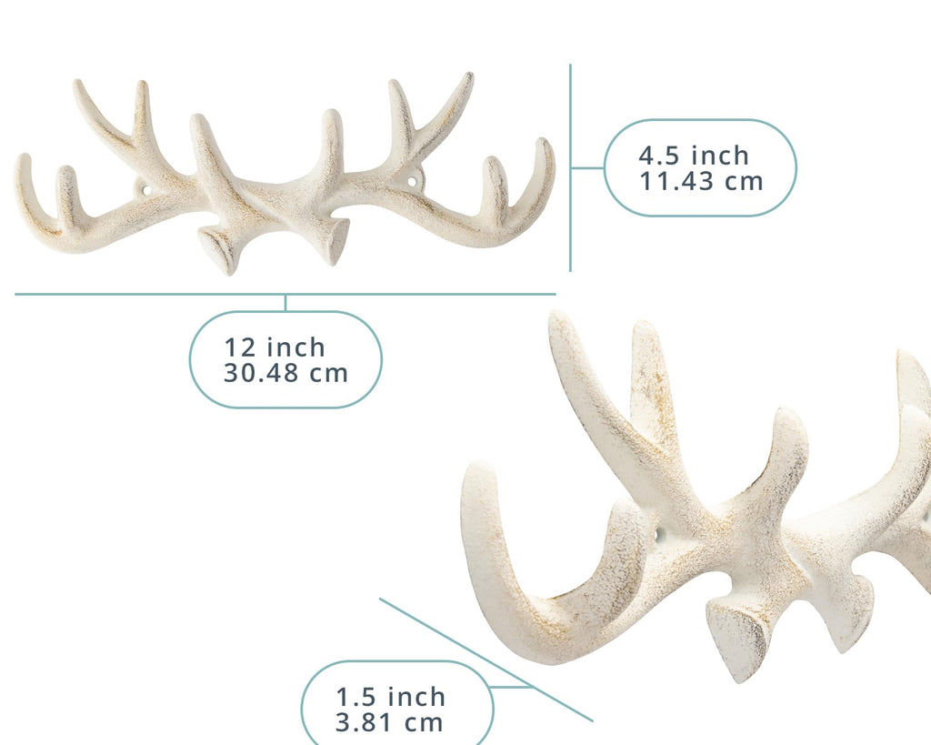 Comfify Vintage Cast Iron Deer Antlers Wall Hooks Antique Finish Metal Clothes Hanger Rack w/Hooks - 4.5"x1.5" - in Antique White