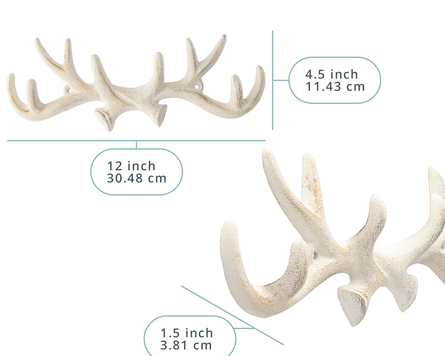 Comfify Vintage Cast Iron Deer Antlers Wall Hooks Antique Finish Metal Clothes Hanger Rack w/Hooks - 4.5"x1.5" - in Antique White
