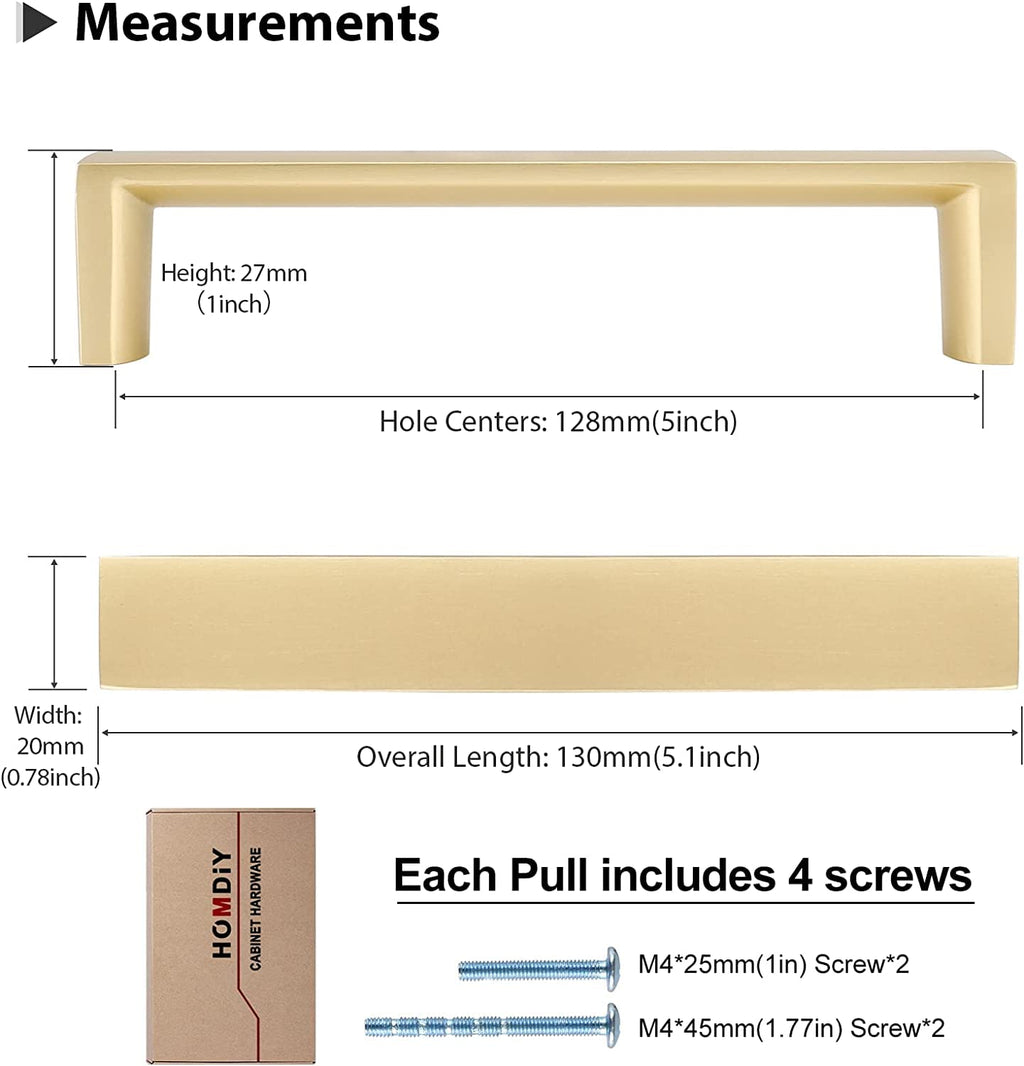 homdiy 5Pack Gold Cabinet Handles 5 inch Kitchen Handles Brushed Gold Cabinets Handle Square Drawer Pulls Cupboard Handle
