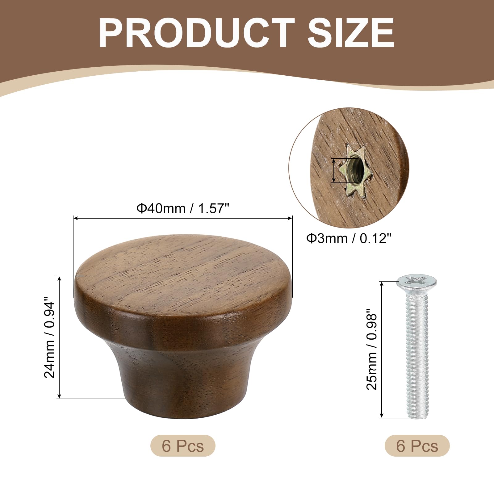 uxcell 6Pcs Round Wood Drawer Knob, 1 5/8" Diameter Flat Head Dresser Knobs Wooden Knobs with Screws for Furniture Drawer Dresser Wardrobe Cupboard, Walnut