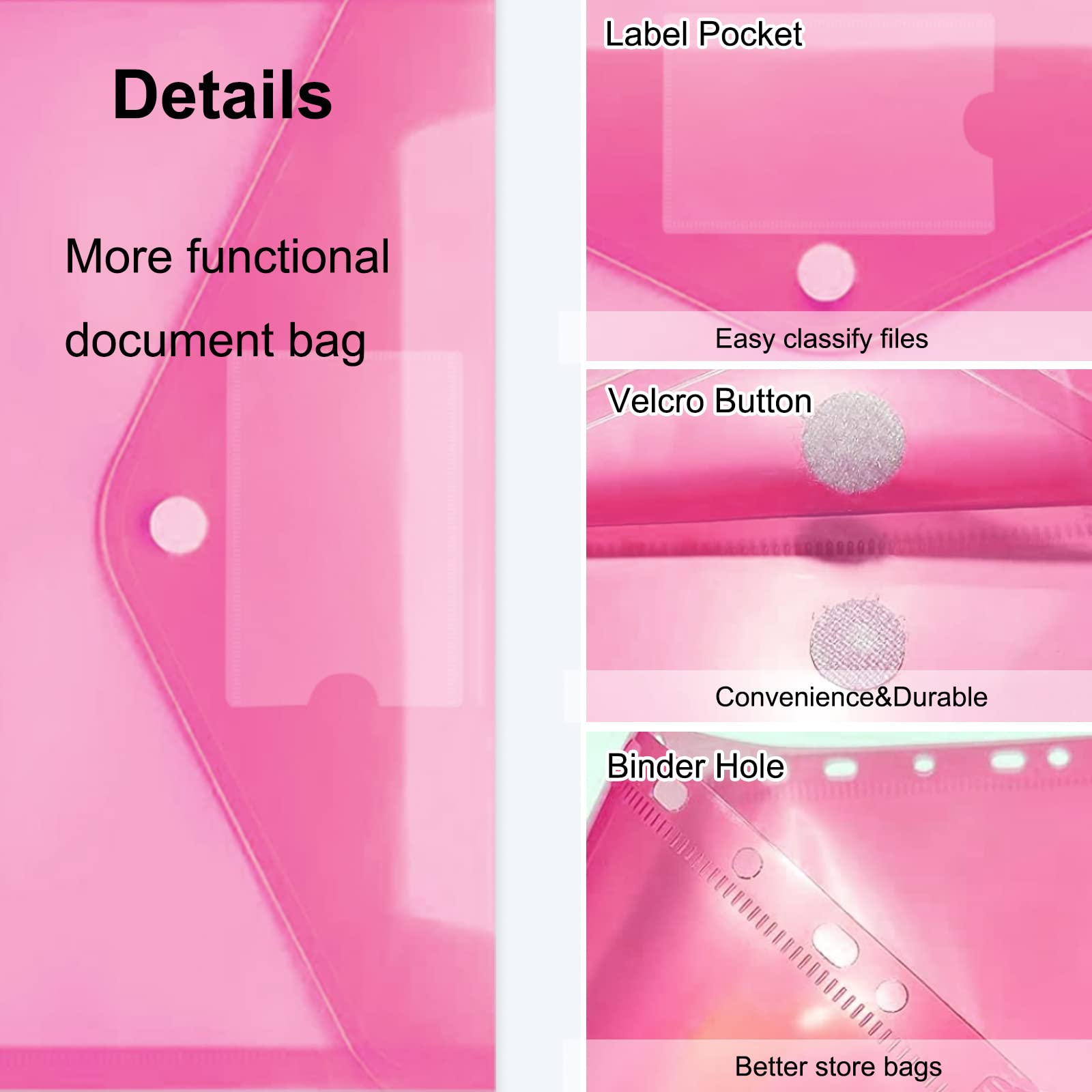 30PCS Binder Pocket Plastic File Folder A4 Waterproof Binder Folders with Pockets for Documents and Snap Button for School Home Work Office,6 Colors