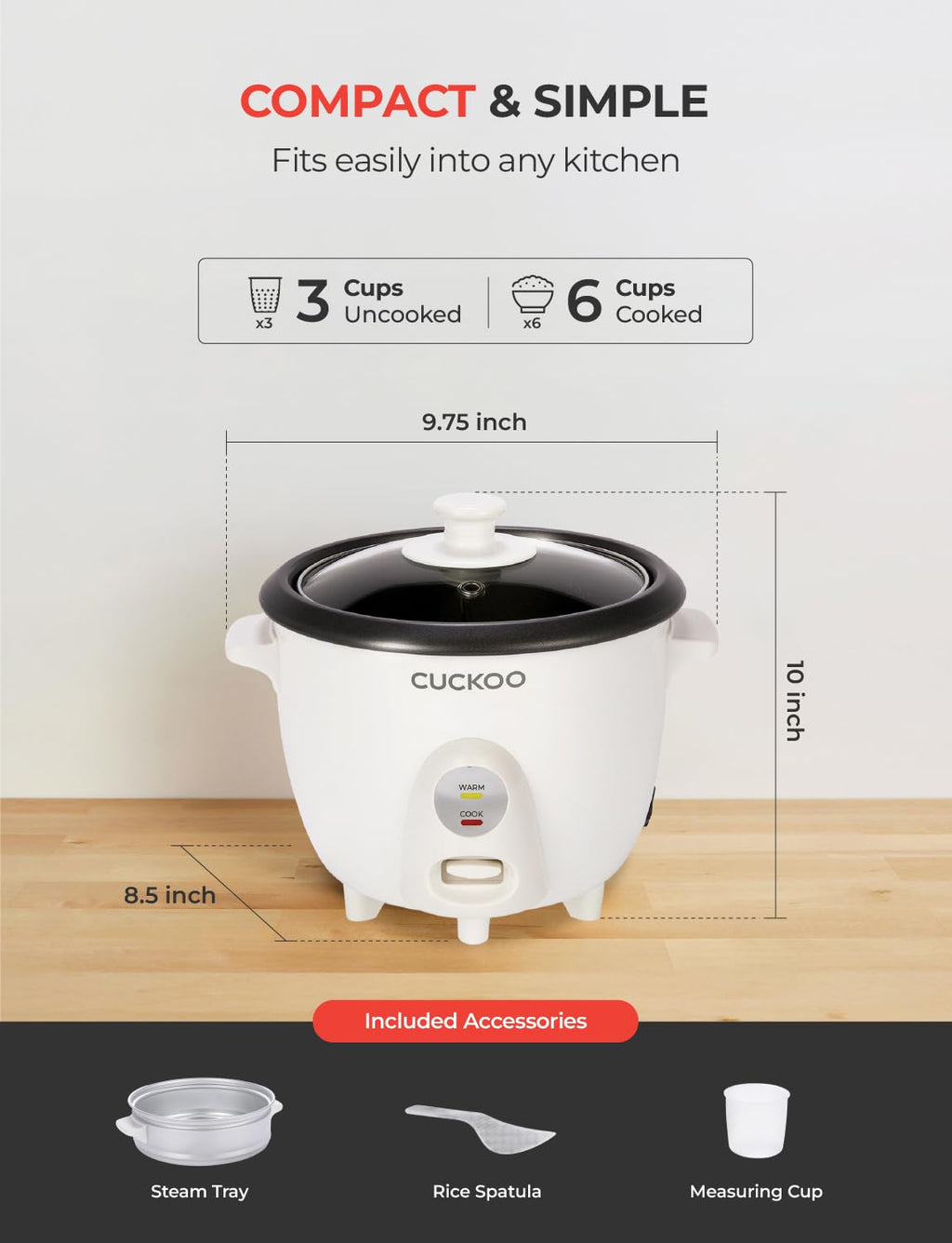 CUCKOO One Touch Rice Cooker 3-Cup (Uncooked) / 6-Cup (Cooked), Mini Rice Cooker & Warmer with Steamer Tray, Versatile Grain Cooker, Soup Maker, Auto Keep Warm, White (CR-0301C)