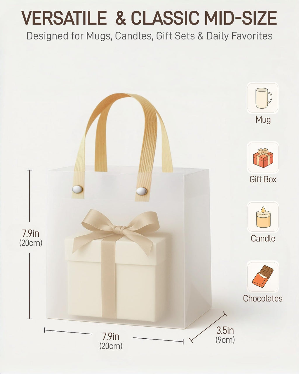 RYPER Clear Gift Bags with Handles 20 Pack, Semi-Transparent Favor Bags Frosted Loot Bags Medium Gift Bags, Reusable Plastic Goodie Treat Bags for Wedding, Birthday Party, Baby Shower & Small Business Boutique, 7.9x7.9x3.5in Mid-Size