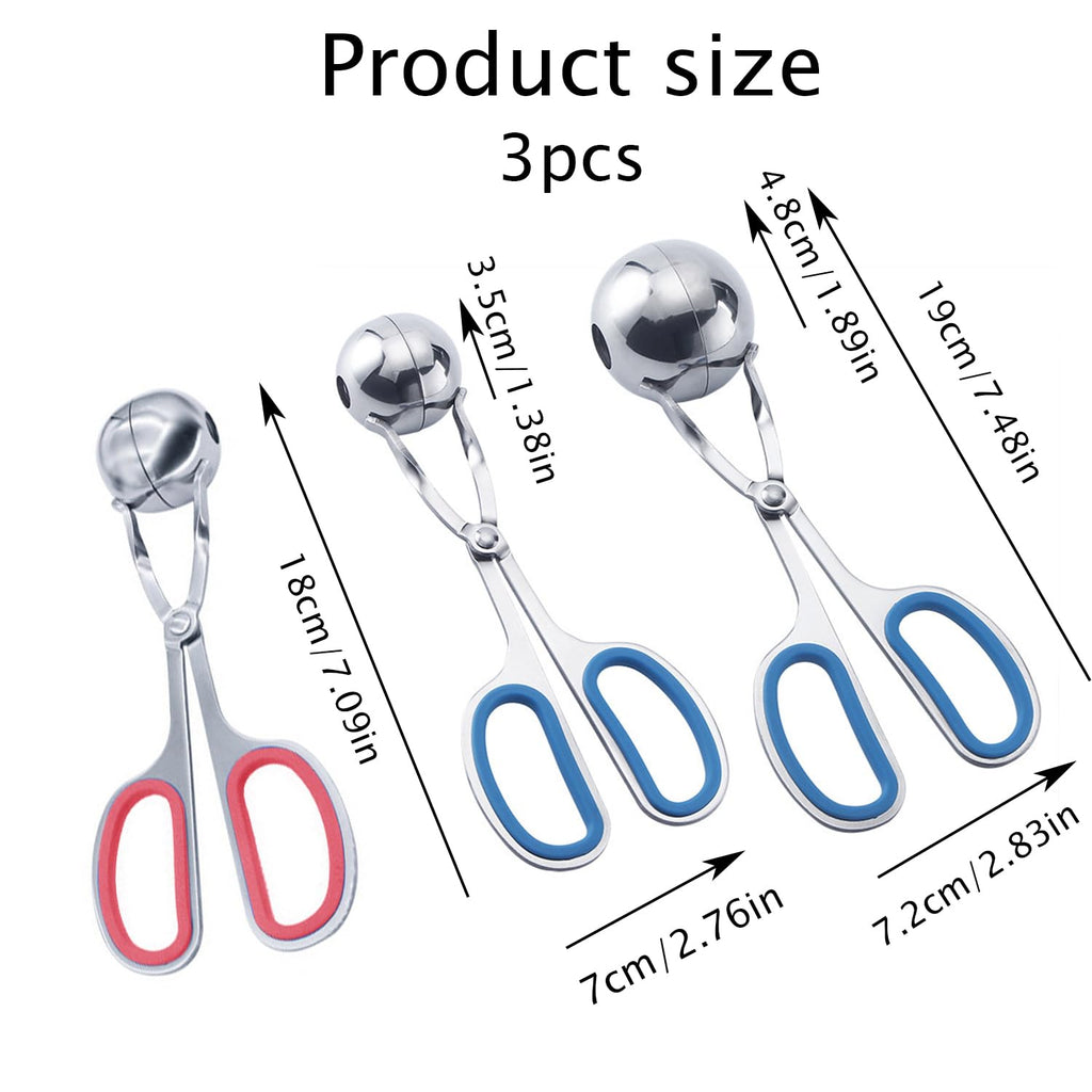 Asphodelia 3PCS Meatball Maker Scoops,None-Stick Meatball Maker with Detachable Anti-Slip Handles,Stainless Steel Meat Baller Tongs, Cake Pop, Ice Tongs, Cookie Dough Scoop for Kitchen