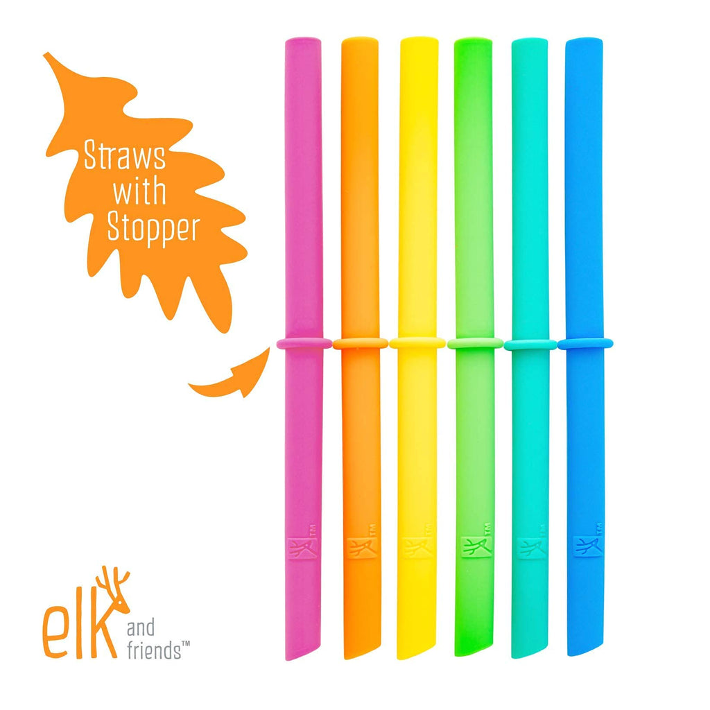 Elk and Friends Adult & Kid's Reusable Silicone Straws with Stopper for 8oz & 10oz Mason Jars or Tumblers | Pack of 8 | 16cm Length