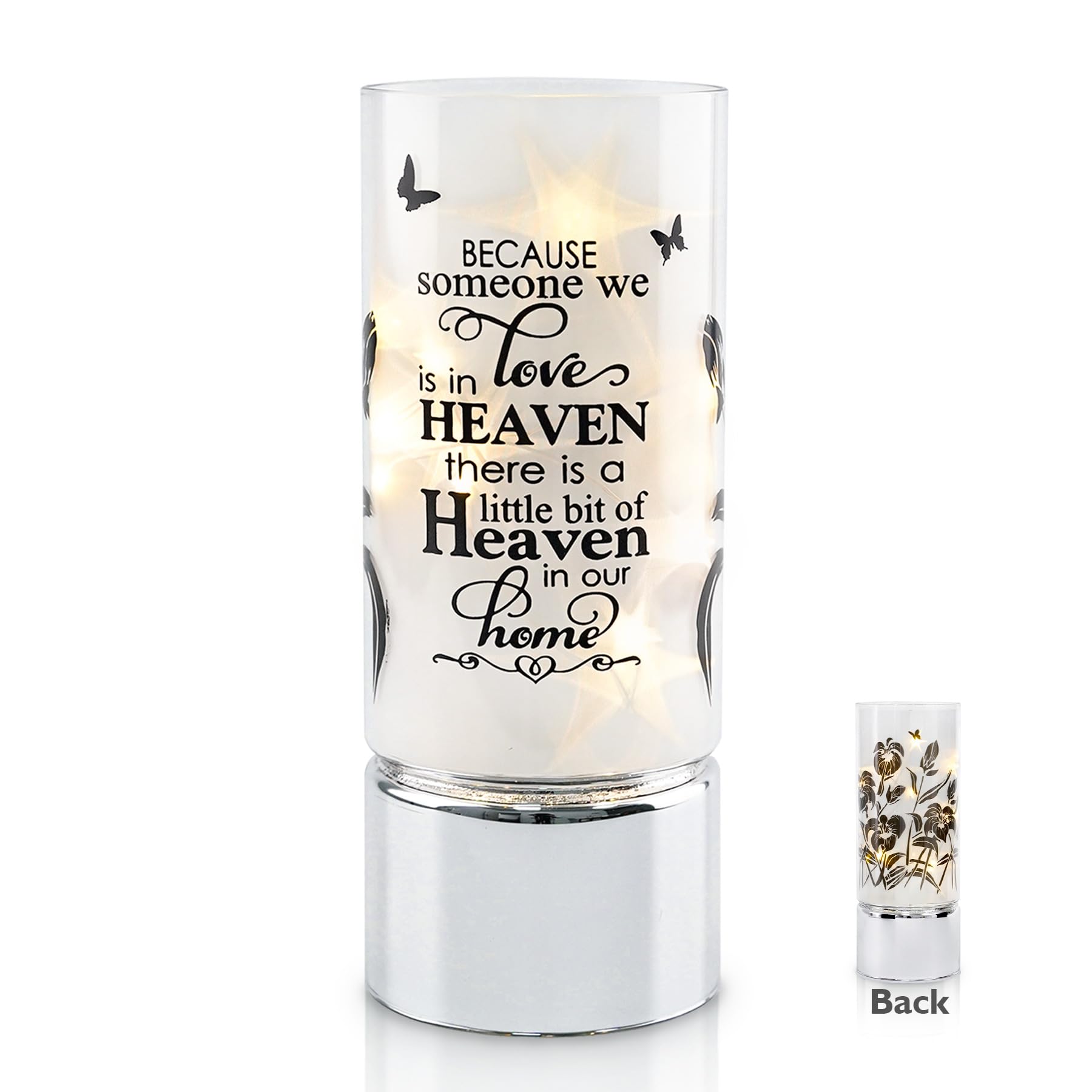 Rhytsing Memorial Gift - Battery Operated Flameless Candle with Timer Function, Glass Cylinder Lantern with Fairy Lights, Expressing Sympathy for the Loss of Someone We Loved - D3.15 x H8 inches