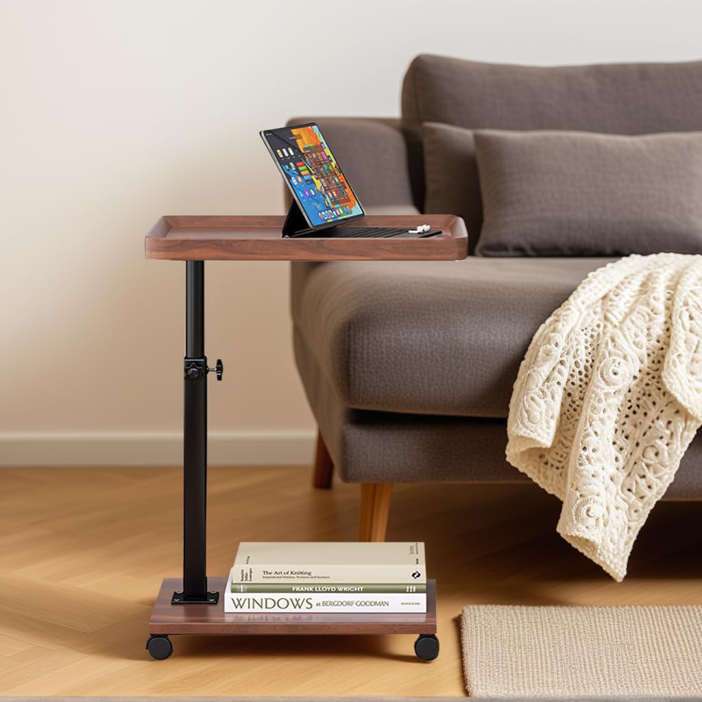 Premium Adjustable C-Shaped TV Tray Sofa Side Table with Wheels – Couch Tray for Snacks, Food, TV, Bed, Bathroom, or Study Use (Brown)