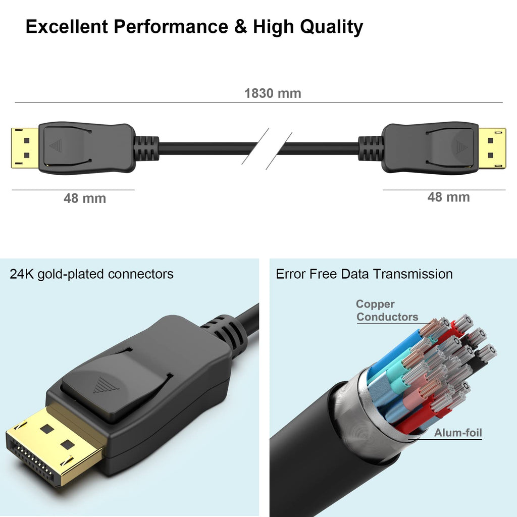 BENFEI [VESA Certified DisplayPort to DisplayPort 6 Feet Cable 2 Pack, DP to DP Male to Male Cable, Supports 4K@60Hz, 2K@165Hz Compatible for Lenovo, Dell, HP, ASUS