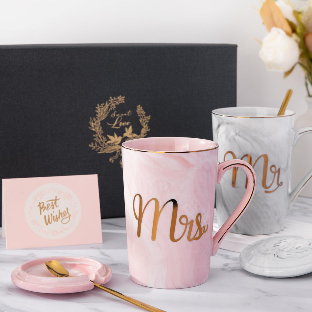 Mr and Mrs Coffee Mug - Wedding Present for Bride and Groom - Bridal Shower Engagement - Married Couples Marble Ceramic Coffee Cups 14oz
