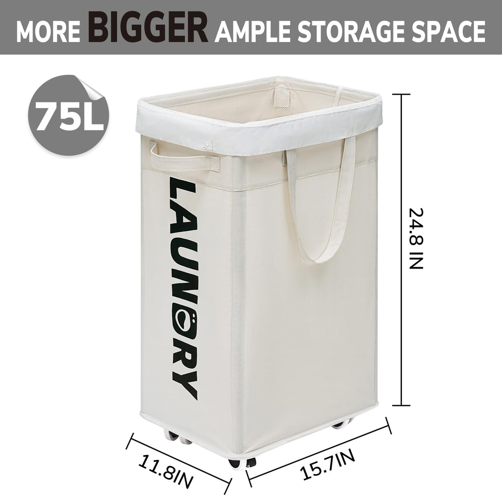 Goodpick Laundry Hamper with Wheels, 75L Collapsible Laundry Basket Organizer, Clothes Hamper with Removable Wash Bag for Bedroom, Large Laundry Basket with Handle, White