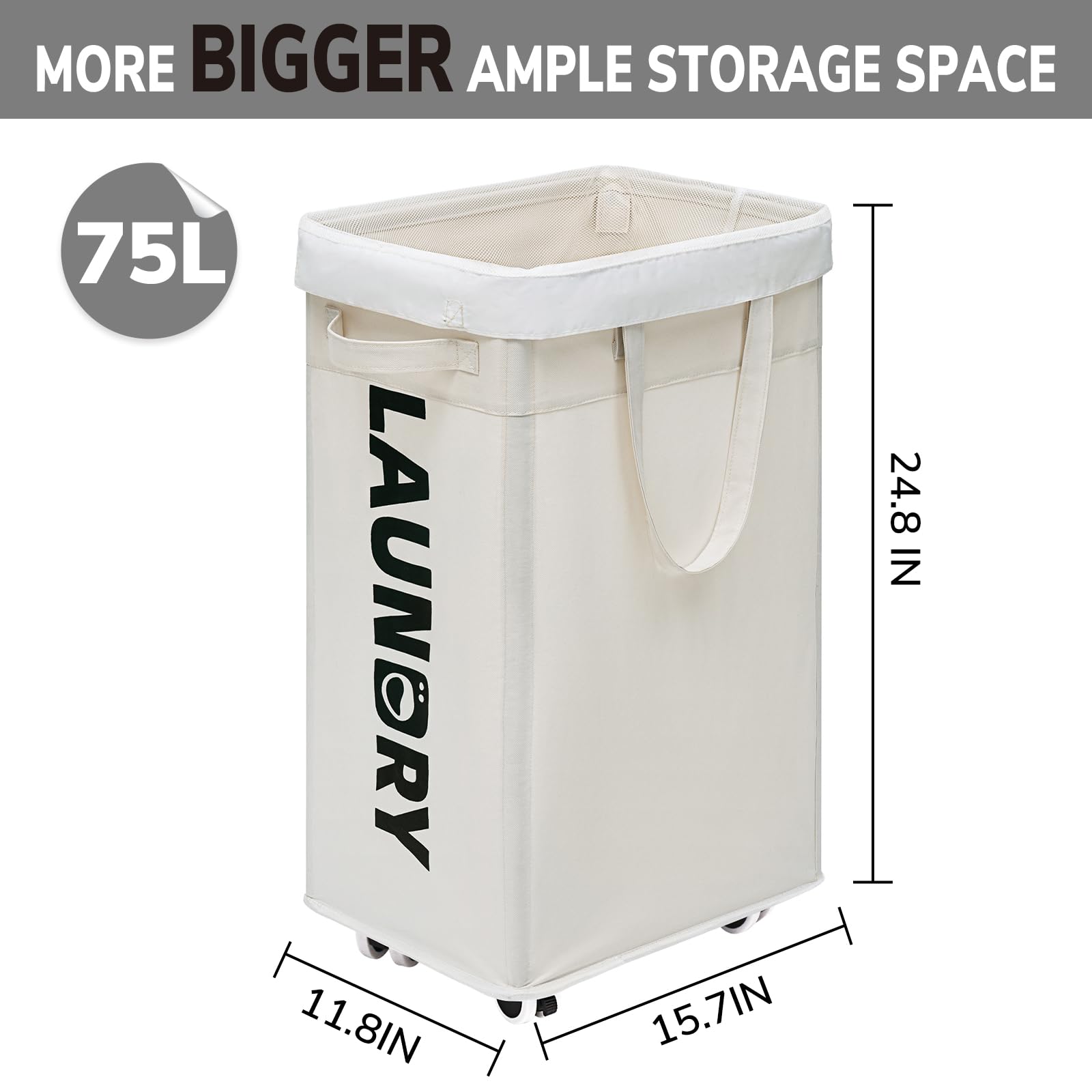 Goodpick Laundry Hamper with Wheels, 75L Collapsible Laundry Basket Organizer, Clothes Hamper with Removable Wash Bag for Bedroom, Large Laundry Basket with Handle, White