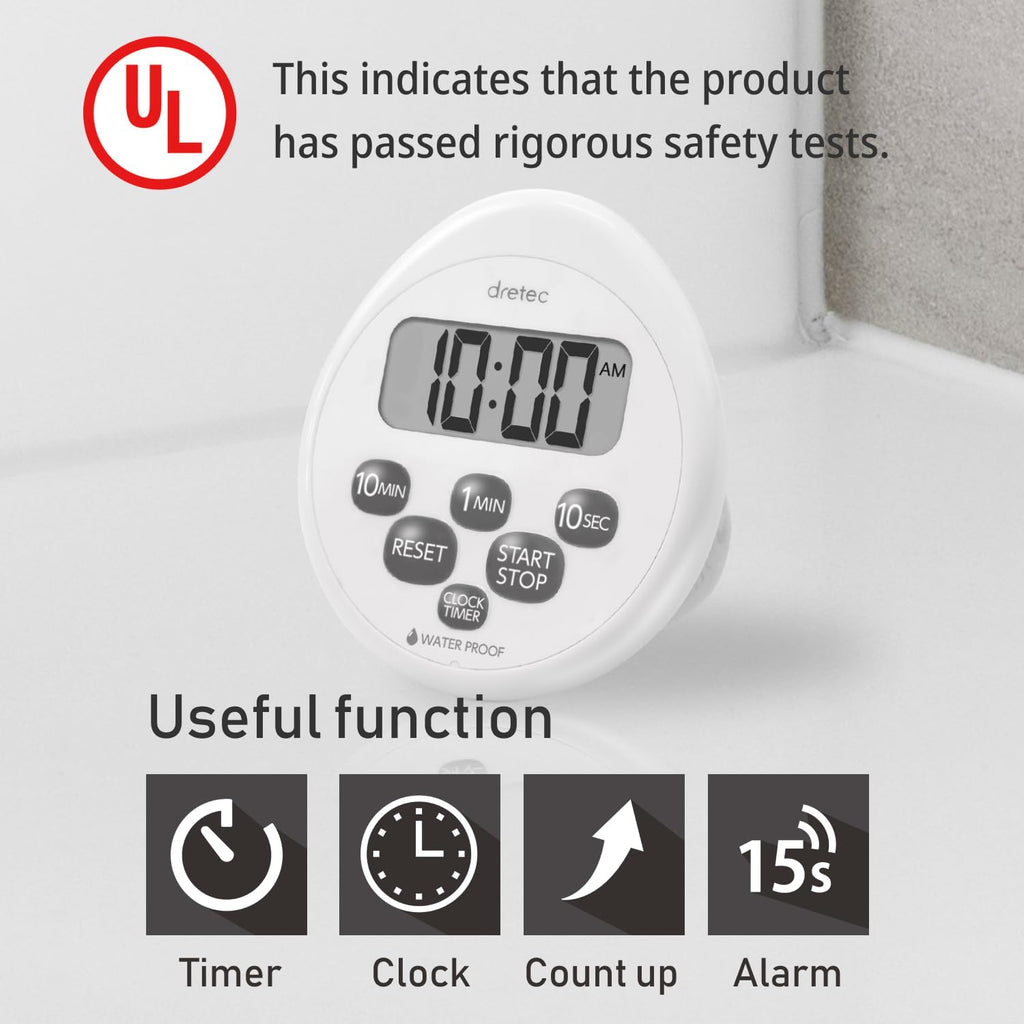 dretec Digital Kitchen Timer, Water Proof Timer, Shower Timer, Magnetic Backing, Silver, Black, Officially Tested in Japan (1 Starter Lithium Battery Included)