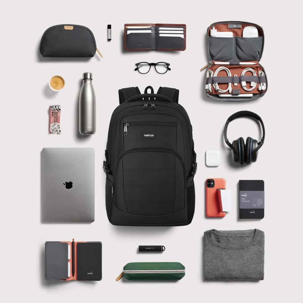 YAMTION Black Backpack for Men and Women, Laptop Backpack with USB Charging Port, School Backpack for Boys and Girls, Lightweight Bookbag, Work Backpack Fits 15.6 Inch Notebook