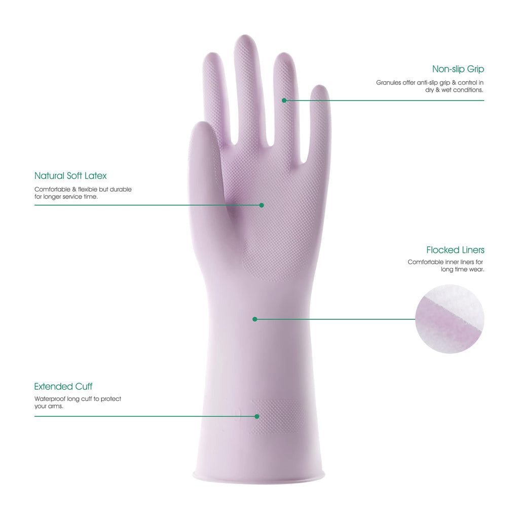COOLJOB 3 Pairs Reusable Rubber Cleaning Gloves for Women, Long Sleeve with Thin Flocked Liner for Household, Dishwashing, Kitchen, Laundry, Waterproof, Pink, Green, Purple, Small Size