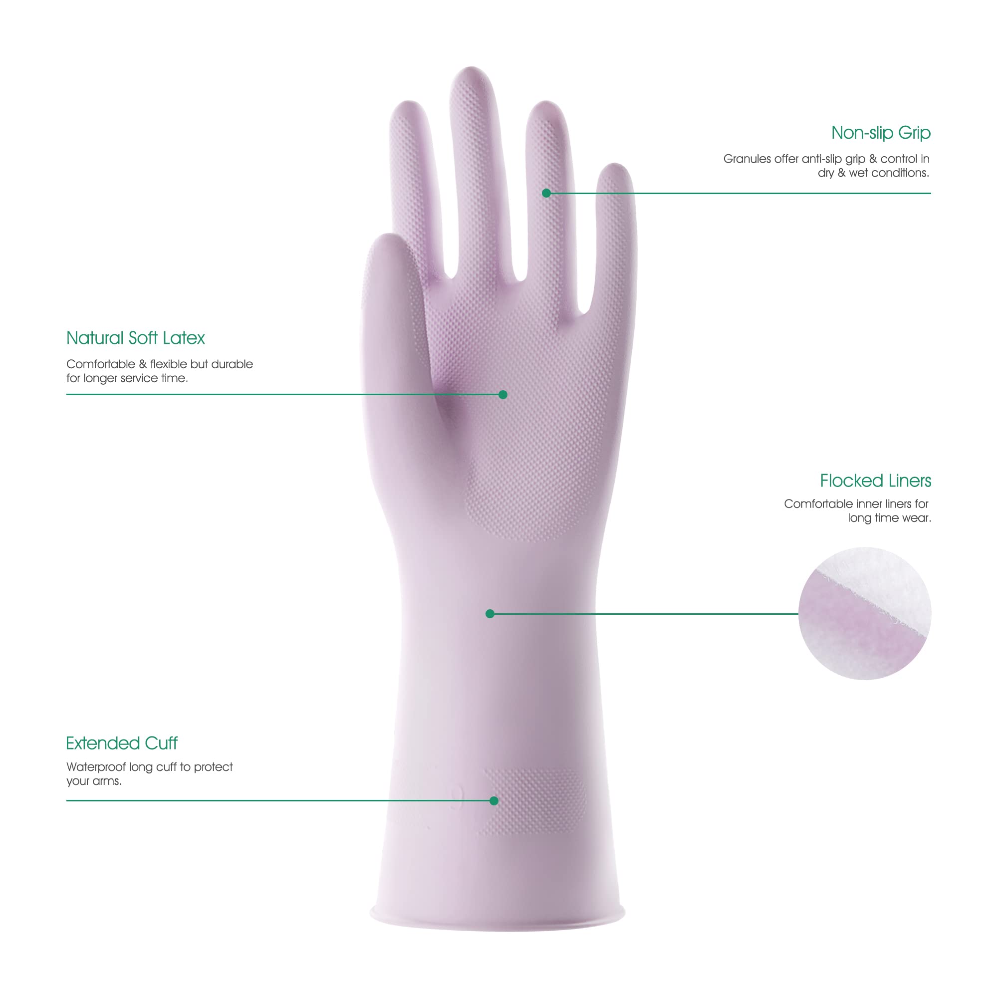 COOLJOB 3 Pairs Reusable Rubber Cleaning Gloves for Women, Long Sleeve with Thin Flocked Liner for Household, Dishwashing, Kitchen, Laundry, Waterproof, Pink, Green, Purple, Small Size