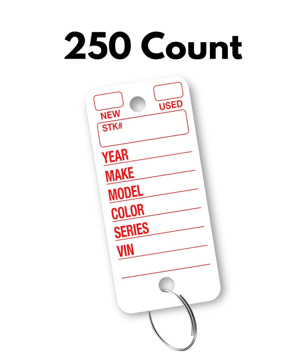 Poly Tag Car Key Tags with Ring (White) 250 Count. Includes 250 Rings and 2 Fine Point Pens and 250 Tags.
