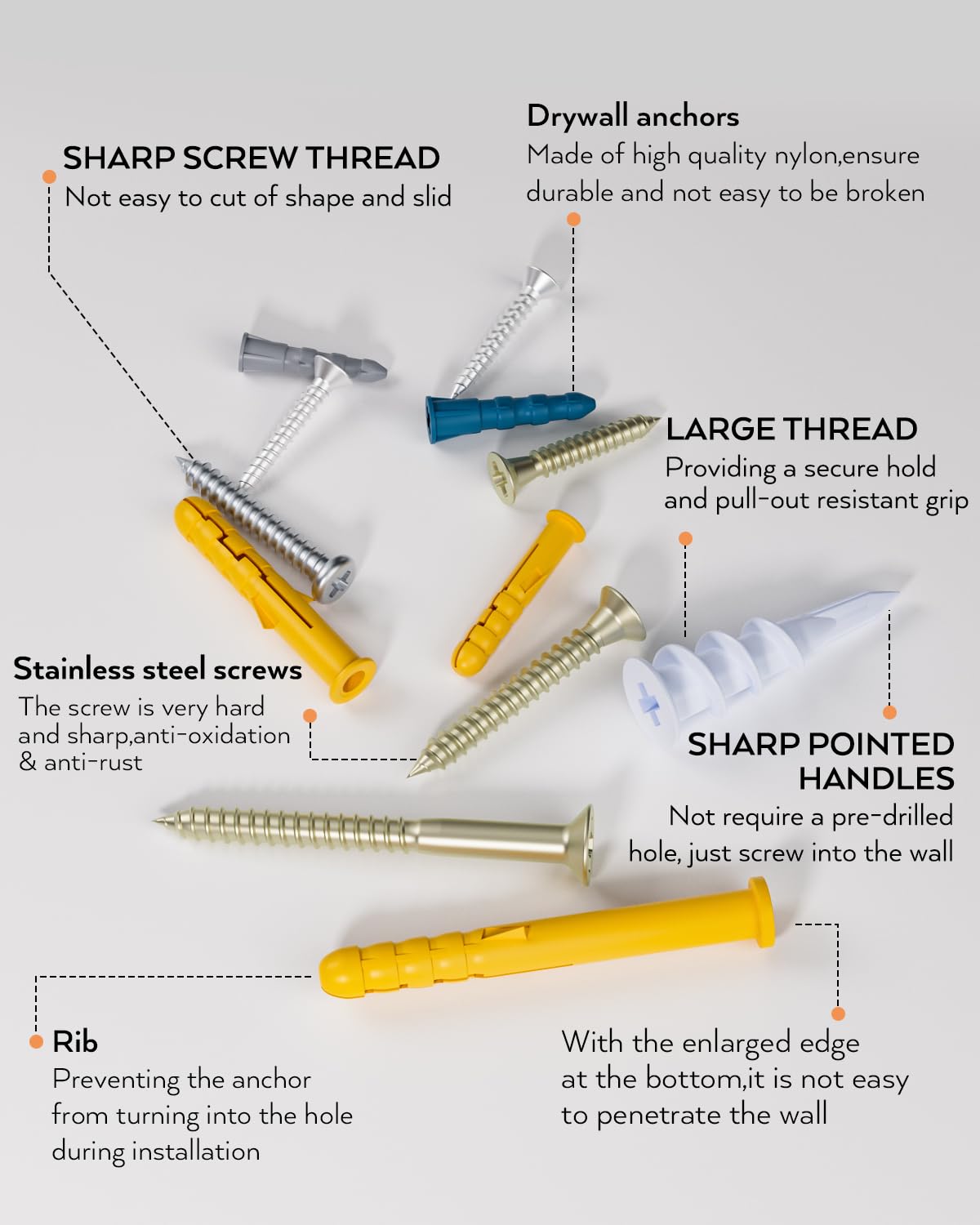 INCLY 510 PCS Drywall Anchors and Screws Assortment Kit, 255 Plastic Self Drilling Wall Anchors and 255 Flat Head Screw, 6 Sizes Galvanized Screw and Wall Plug Bolts with Organizer Box