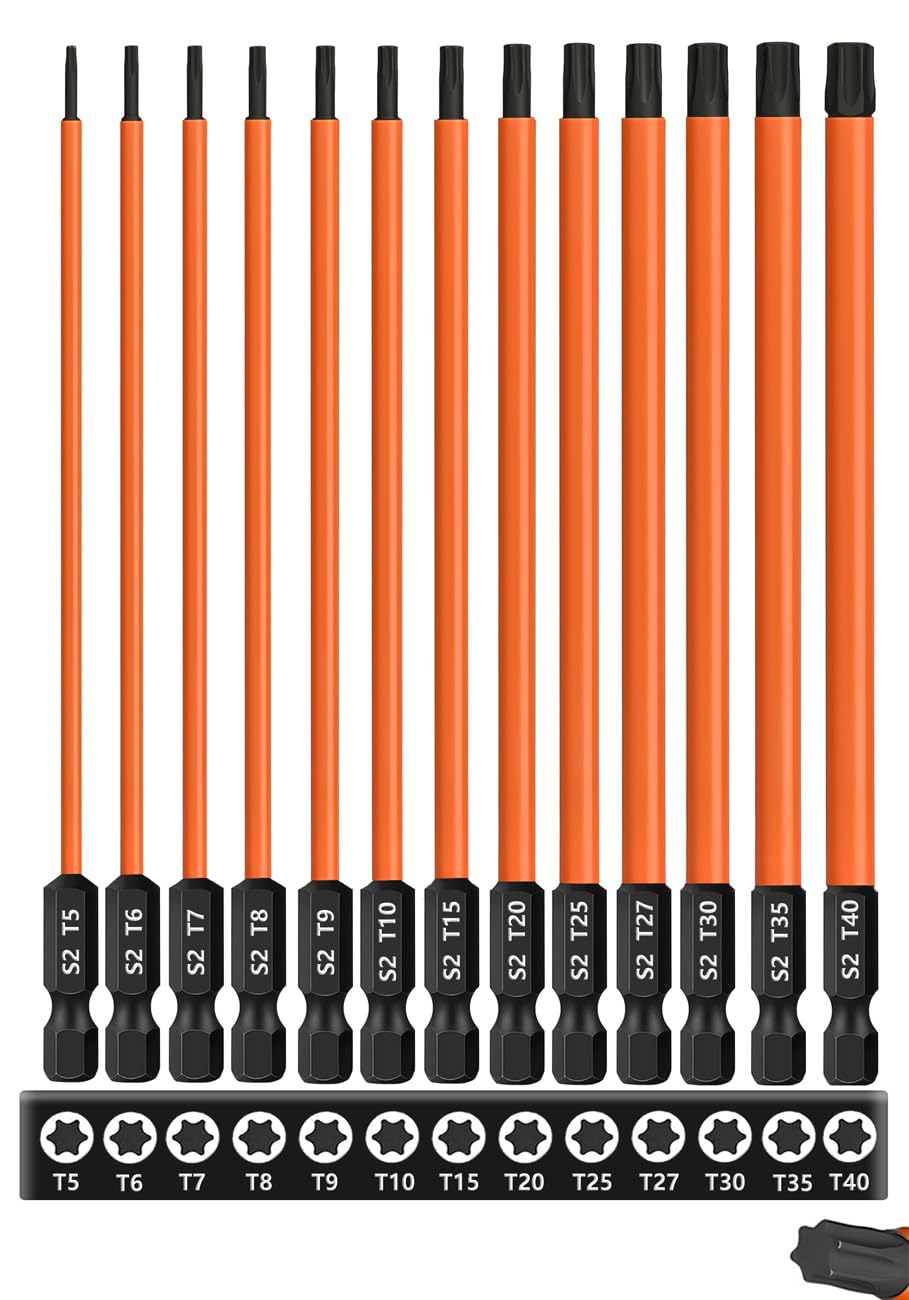 Saipor 13-Piece 6 inch /150 mm Long Torx Bit Set for Impact Driver, S2 Steel Star Bit Set (T5-T40), 1/4'' Hex-Shank Magnetic Torx Screwdriver Bit, Torx Head Drill Bit Set with CNC Machined Tips