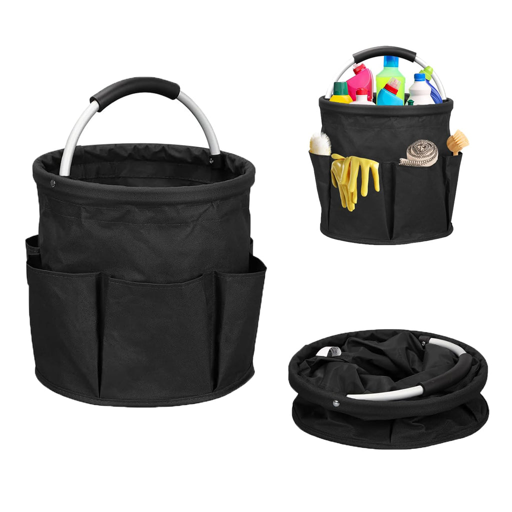 Cleaning caddy storage bag with foldable cleaning bucket handle, suitable for cleaners and butlers with multi pocket tool kit, 6 pockets, foldable design, black