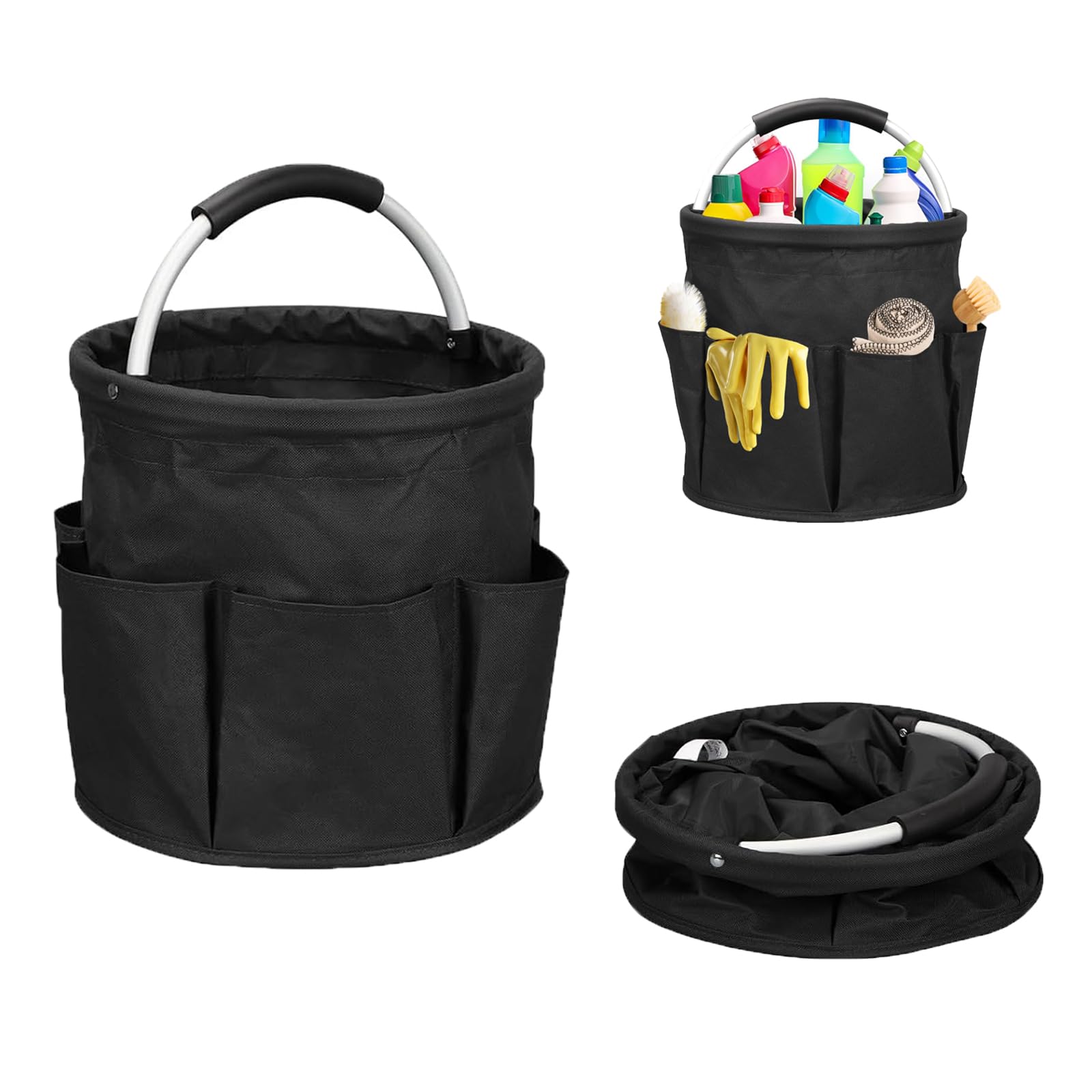 Cleaning caddy storage bag with foldable cleaning bucket handle, suitable for cleaners and butlers with multi pocket tool kit, 6 pockets, foldable design, black