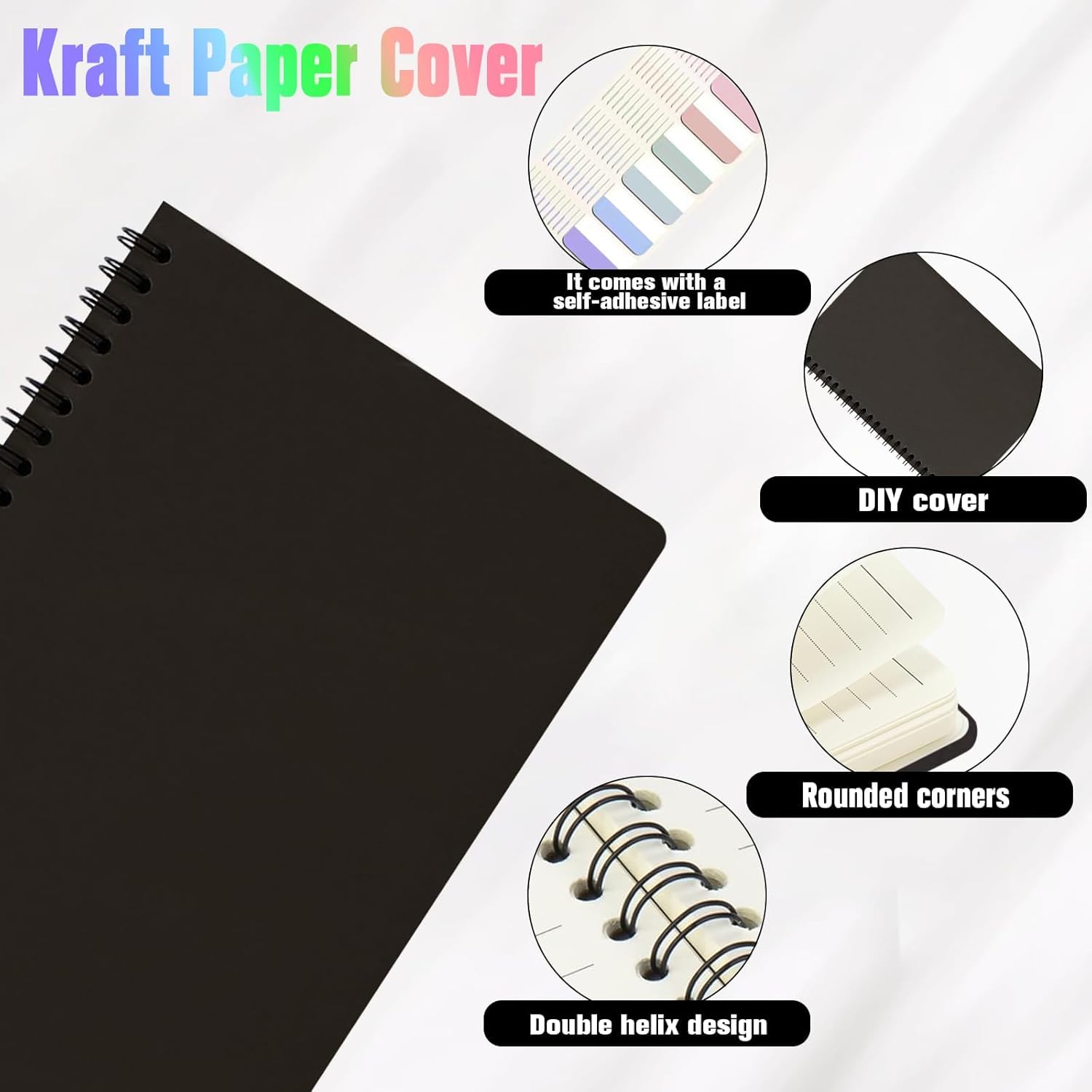12Pack Spiral Notebook with 10pcs Sticky Tabs,A5 Lined Notebooks120 Pages,Hardcover Notebook for Women Men,Coil Notepad,5.5" x 8.3",Lined Paper for Work, School,Office（Black）