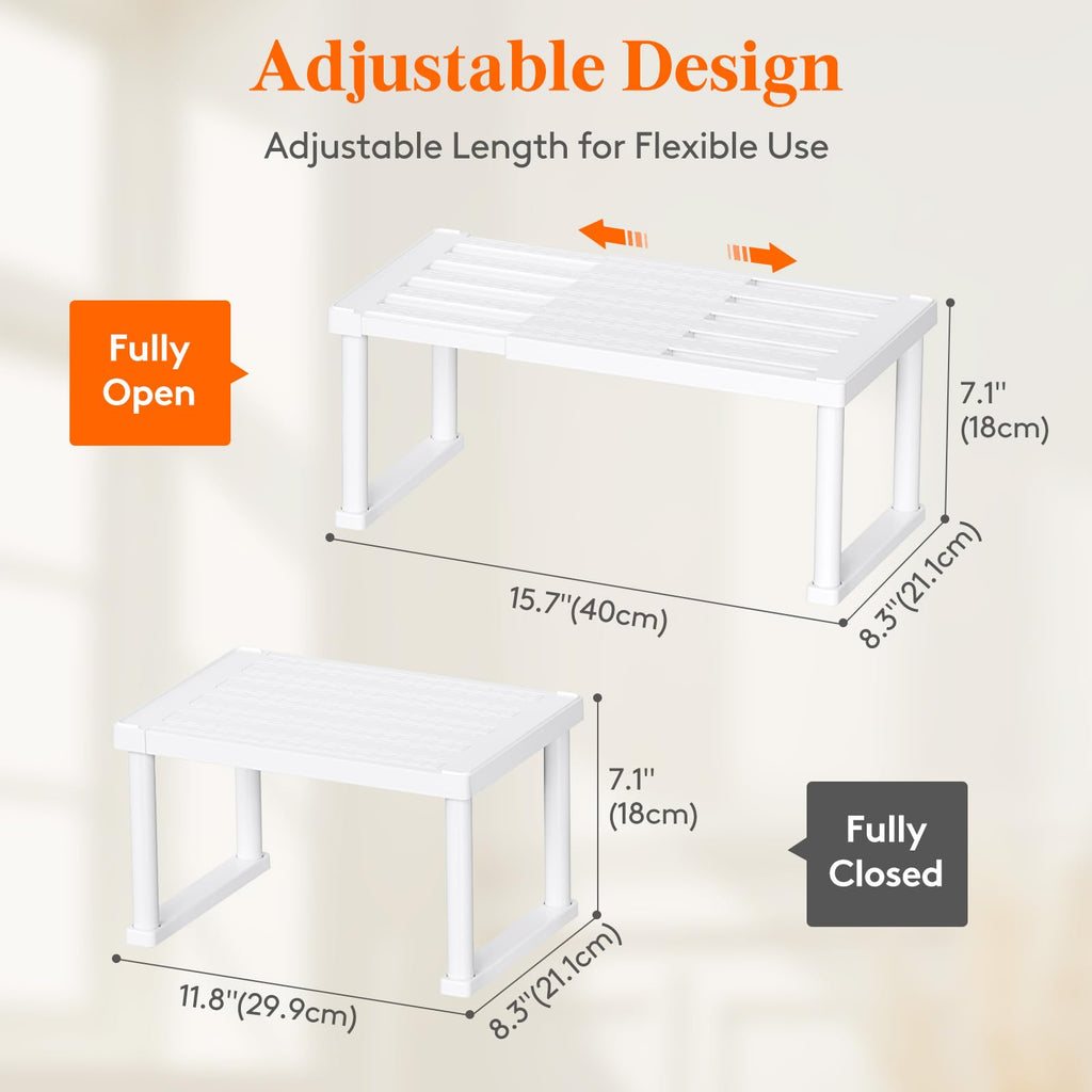 Lifewit Cabinet Shelf Organizer, Expandable From 11.8 to 15.7 inches, Countertop Kitchen Shelves, Plastic Shelf Riser for Pantry Kitchen Storage and Spice Rack, Set of 2, White