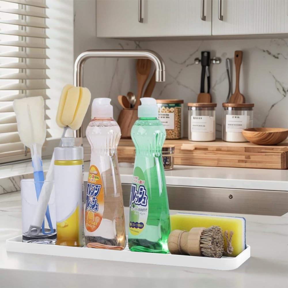 HvOvMvE Silicone Organizer Tray for Kitchen Sinks and Bathrooms. Dishwasher-Safe, Non-Slip Countertop Tray, Bathroom Drawer Organizer Trays. Perfect for Makeup & Trinkets (White L 1PC)