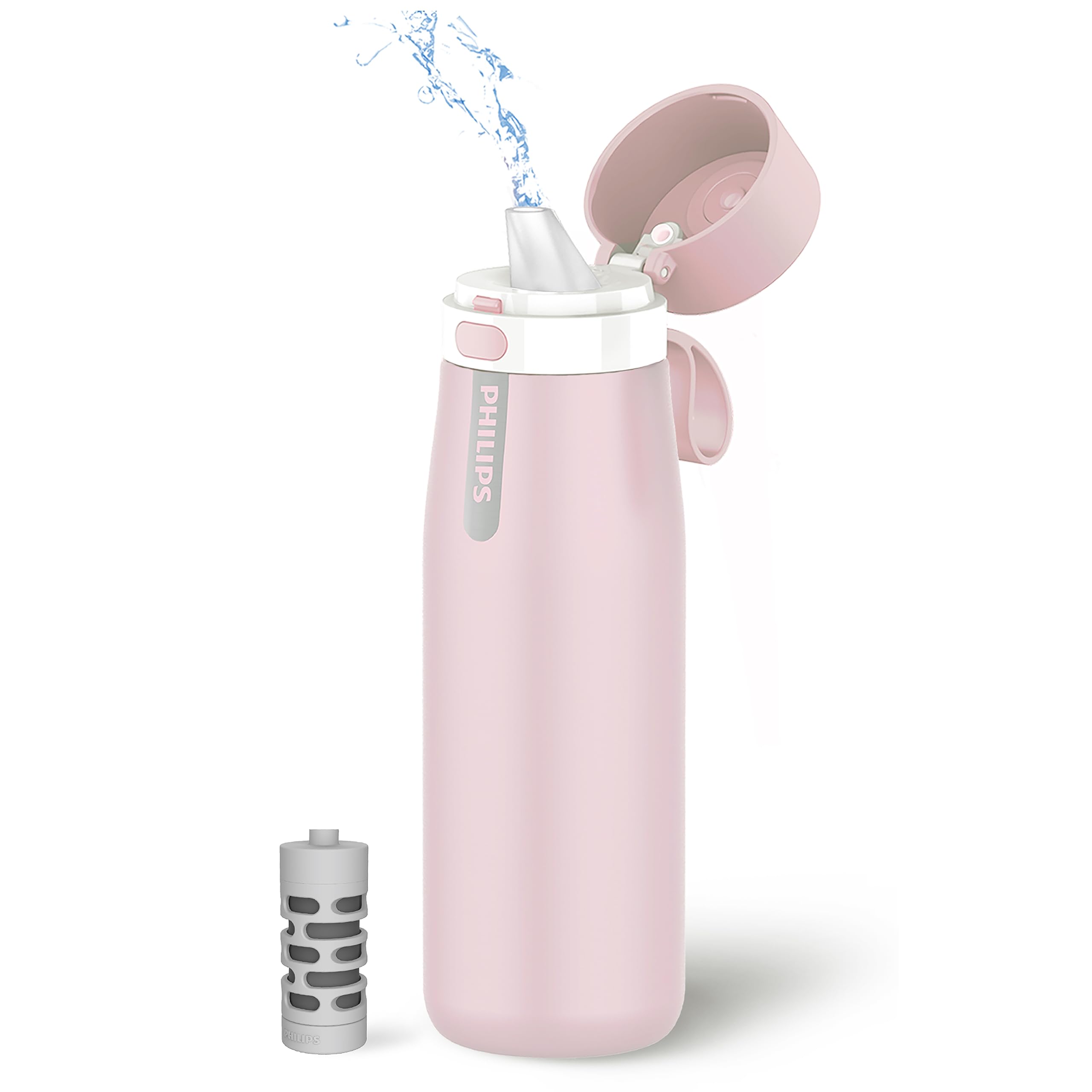 PHILIPS Stainless Steel Filtering Water Bottle - AWP2771, 18.6 oz Insulated Water Bottle with 1 Filter Lasts 2 Months or 40 Gallons, Replaces 450 Plastic Water Bottles, BPA-Free, Reusable, Pink