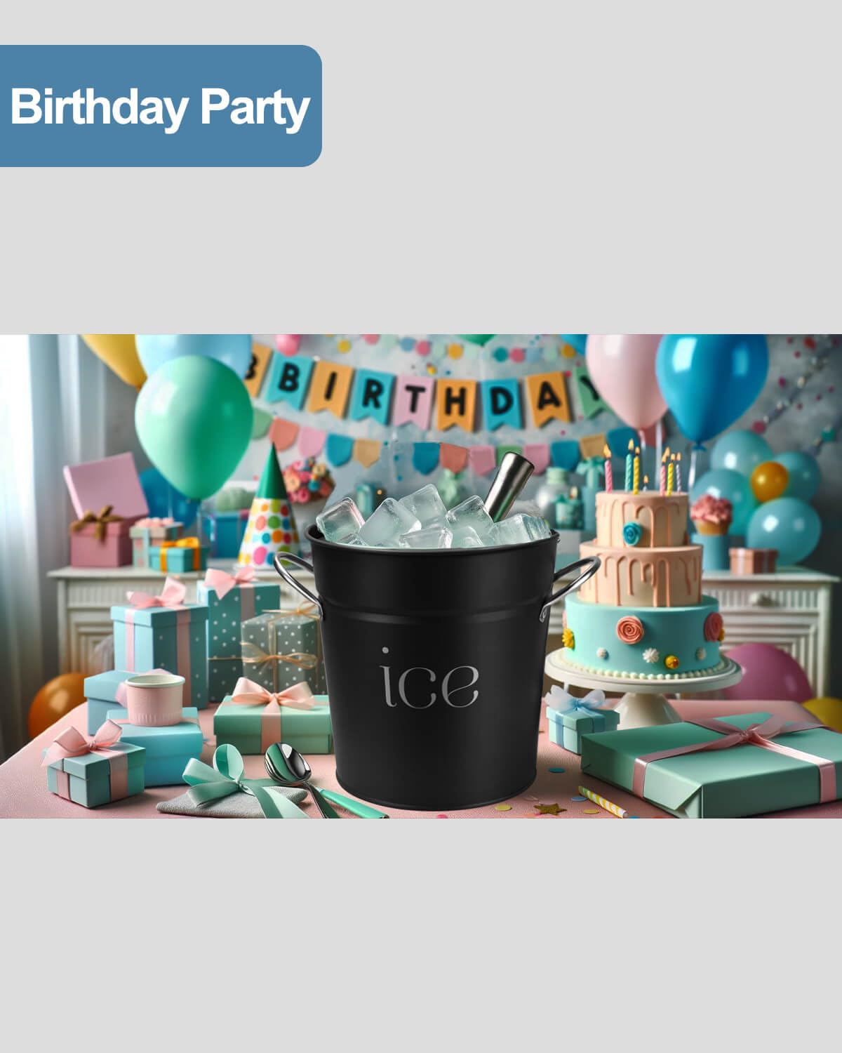 3Qt Black Galvanized Ice Bucket with Lid, Scoop & Handles - Ideal for Cocktails, Parties, BBQs, Wine & Champagne. Double-Layer Insulated Outer & Galvanized Inner Layer, Perfect for Home & Outdoor Use