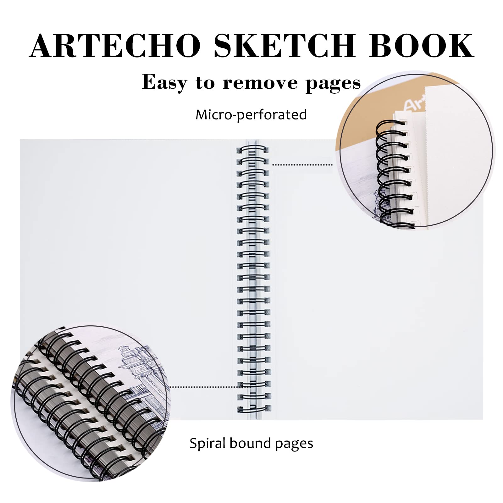 Artecho 9x12 Sketch Book, 100 Sheets (60 lb/90gsm), Spiral Bound, Art Supplies Sketch Pad, Durable Acid Free Drawing Paper, Ideal for Kids & Adults, Natural White