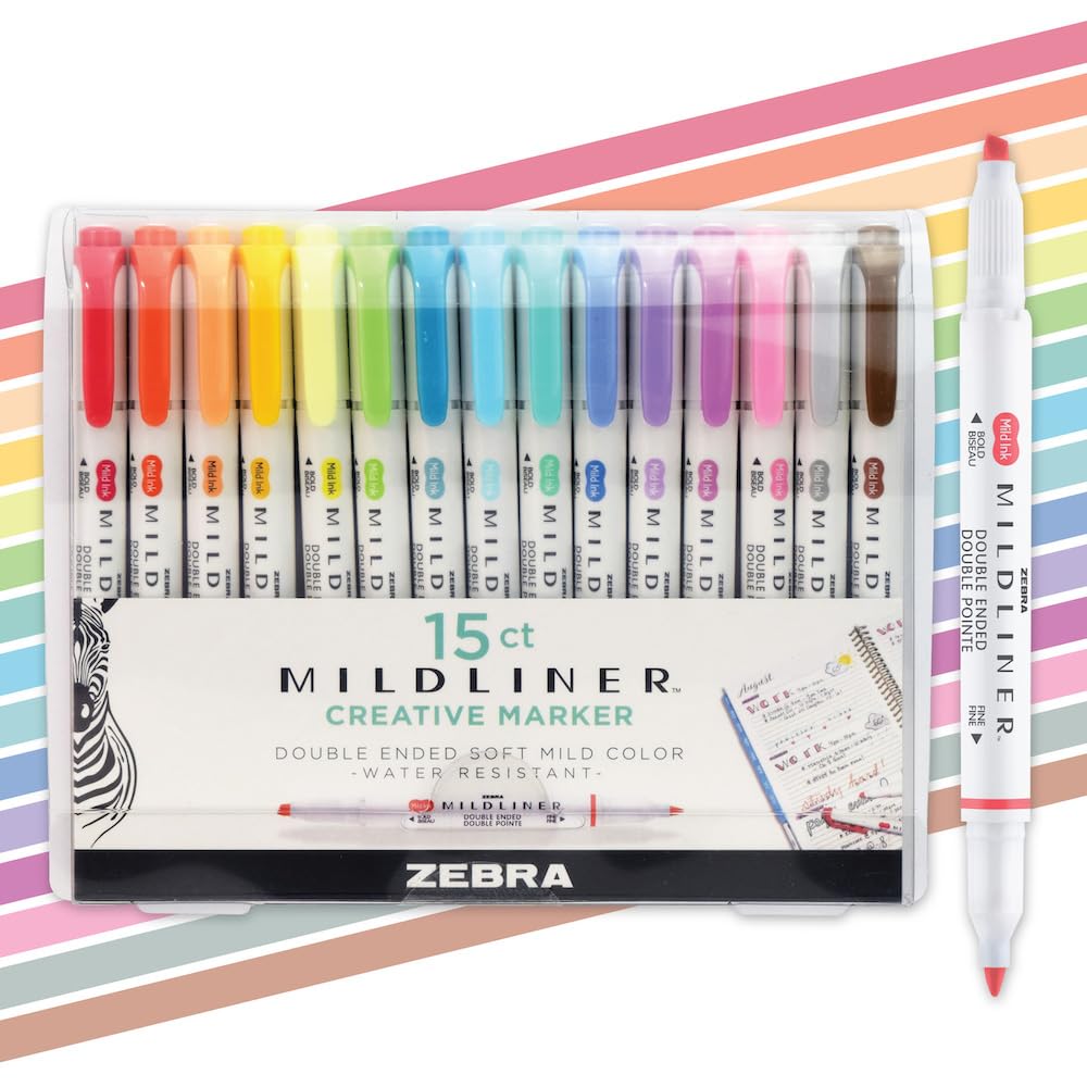 Zebra Pen MILDLINER Dual-Tip Highlighter Marker Set, Broad and Fine Point Tips, No Bleed, Ideal for Bible Highlighting, Journaling, School and Office Supplies, Assorted Ink Colours, 15-Pack (78115)