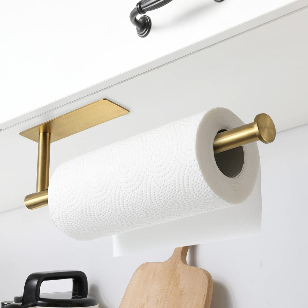 theaoo Gold Paper Towel Holder - Under Cabinet Paper Towel Holder for Kitchen, Adhesive Paper Towel Roll Rack for Bathroom Towel, Wall Mounted Matte Black Paper Towel Rack, SUS304 Stainless Steel