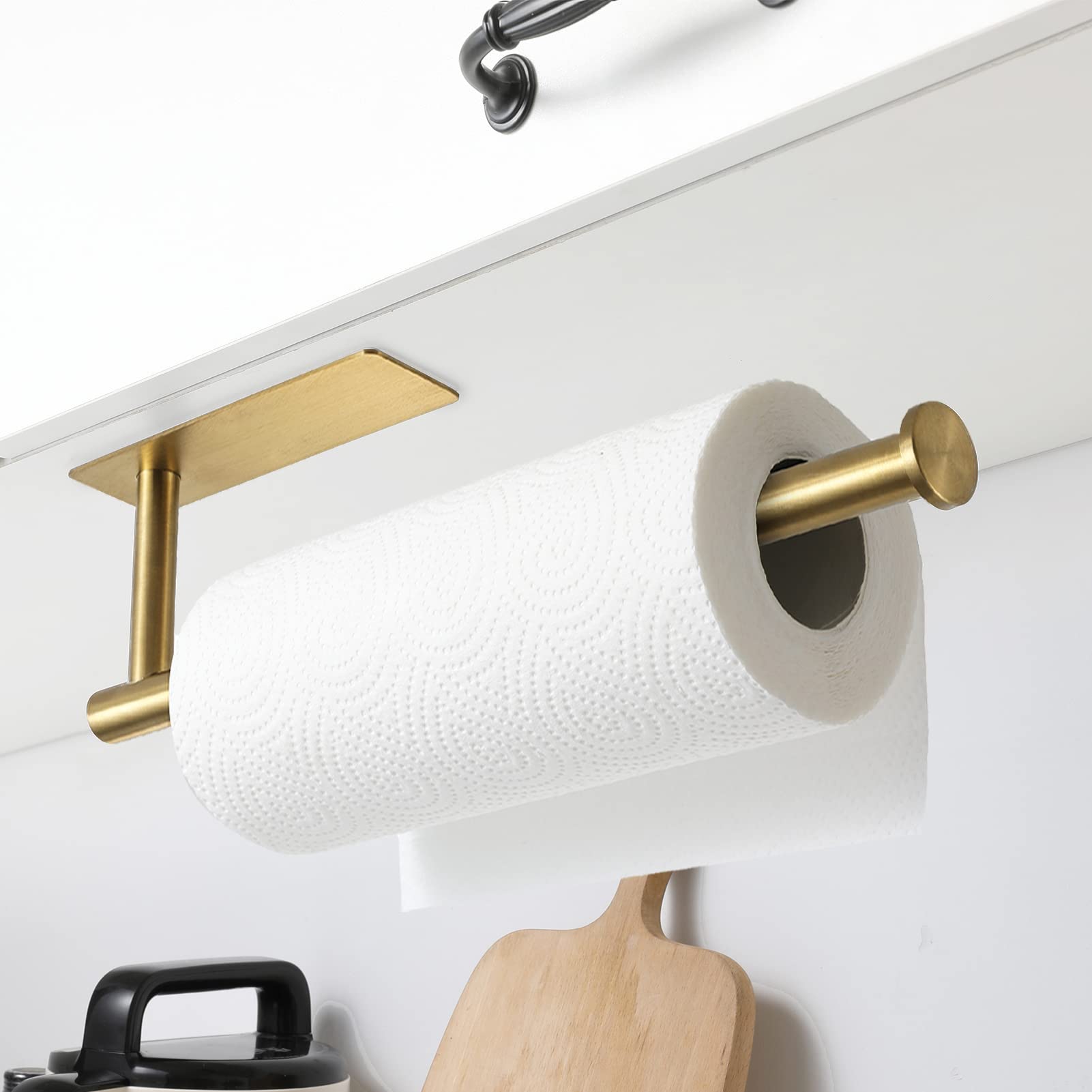 theaoo Gold Paper Towel Holder - Under Cabinet Paper Towel Holder for Kitchen, Adhesive Paper Towel Roll Rack for Bathroom Towel, Wall Mounted Matte Black Paper Towel Rack, SUS304 Stainless Steel