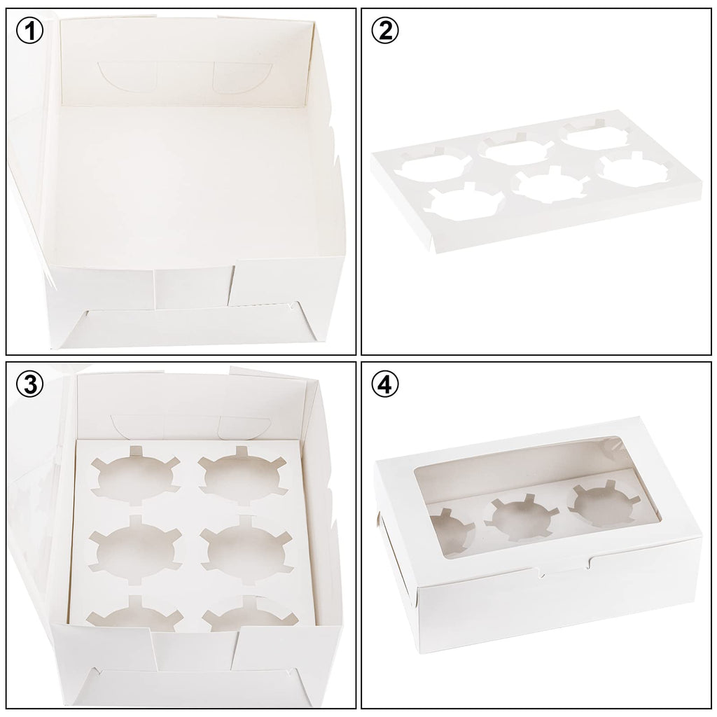 Jucoan 50 Pack Cupcake Box with Insert and Window Hold 6 Standard Cupcakes Muffins, Food Grade Cupcake Carrier Container, White Bakery Package Box for Pastry, Cookies, Small Cake, Party Dessert