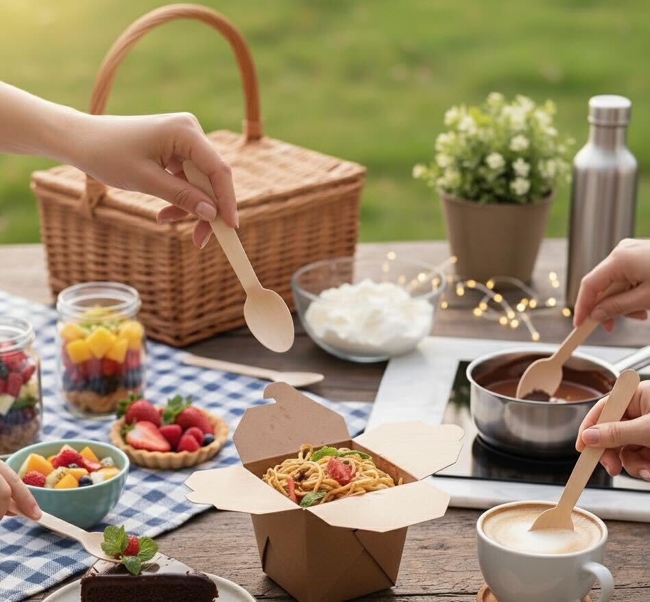 MATANA 100% Natural Bamboo Wooden Spoons 5.5" Inch/ 14cm (200 Pack) Compostable Cutlery, Biodegradable Utensils for Garden Party, Summer Events, Catering, Takeaway