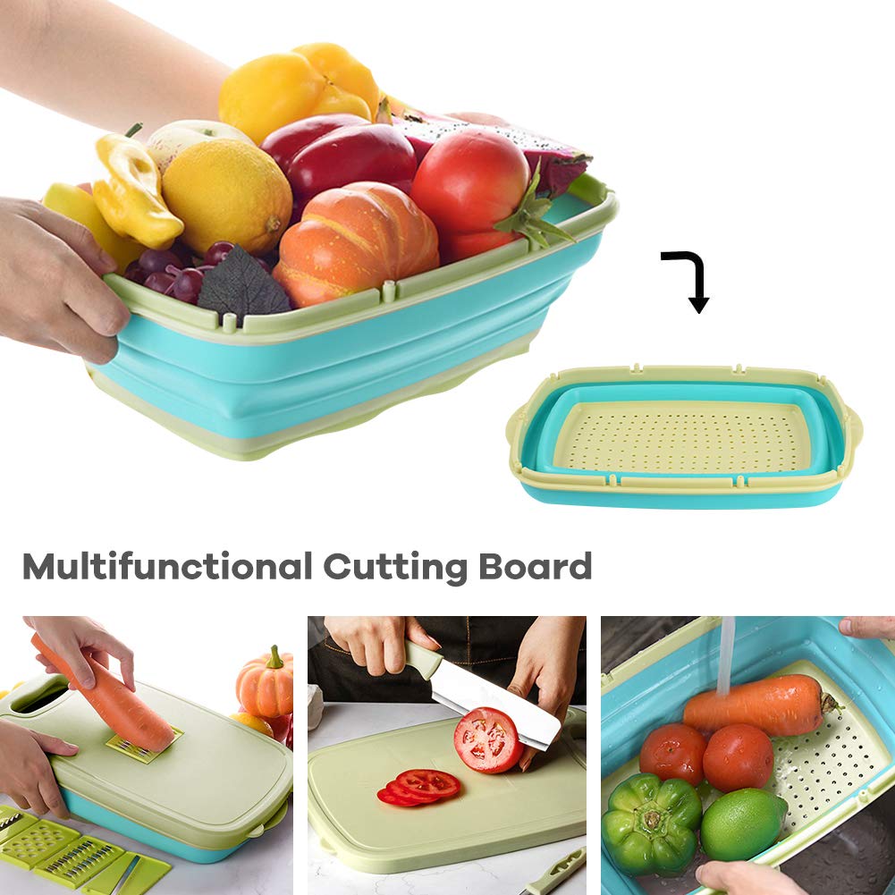 HI NINGER 9-in-1 Collapsible Camping Cutting Board With Colander, Multi Chopping Board Kitchen Vegetable Washing Basket, Camping Gifts and Accessories for RV Campers