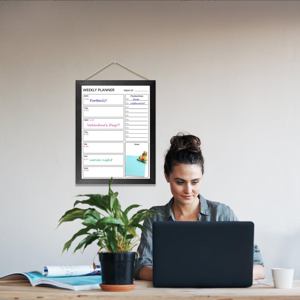 Dry Erase White Board &Weekly Calendar Board, Magnetic Whiteboard for Wall,13“x17 Solid Wood Black Framed Message Board, Planner Board for Office, Home（Weekly-BB-BK-3343