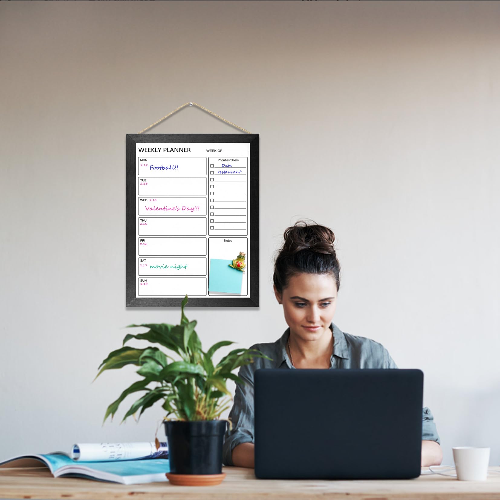 Dry Erase White Board &Weekly Calendar Board, Magnetic Whiteboard for Wall,13“x17 Solid Wood Black Framed Message Board, Planner Board for Office, Home（Weekly-BB-BK-3343