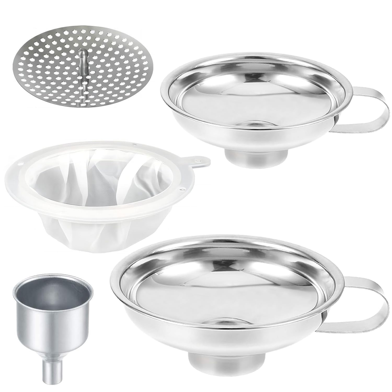 Lmoszuak Stainless Steel Canning Funnel Set, Wide Mouth Funnel for Regular Mason Jar, 2pcs (2 Large, 2 Small Funnels, Strainer, Mesh, Dispensing Funnel)