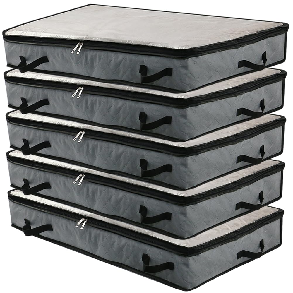 Omygarden 5Pcs Jumbo Zippered Storage Bins, Under Bed Storage Organizers for Blankets, Towels, Comforter, Sweaters with Large Clear Window & Carry Handles Space Saver, Grey