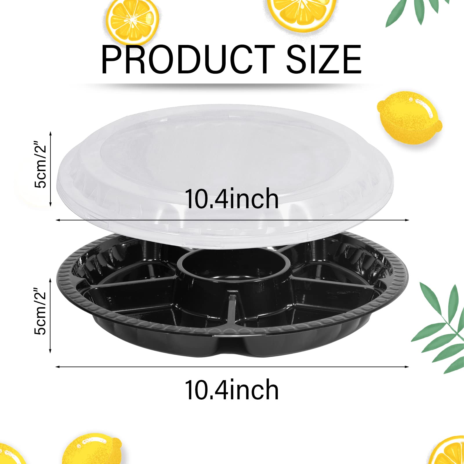 mwellewm 10 Pcs Round Plastic Appetizer Tray with Lid,Divided Serving Tray, Disposable Food Storage Trays Containers, Plastic Tray Storage,Fruit Platter Vegetable Trays for Party and Buffet 10.4 Inch