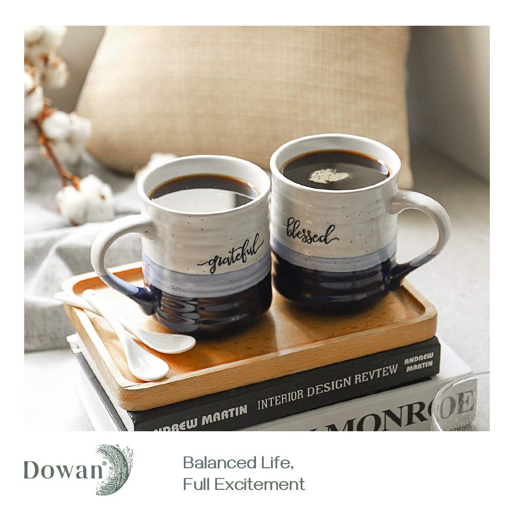 DOWAN 18 oz Large Coffee Mugs, Ceramic Mug Set with Words Blessed Grateful, Easy to Hold, Stylish Texture and Glaze, Dishwasher and Microwave Safe, Thank You Gift for Family Friend, 2 PCS