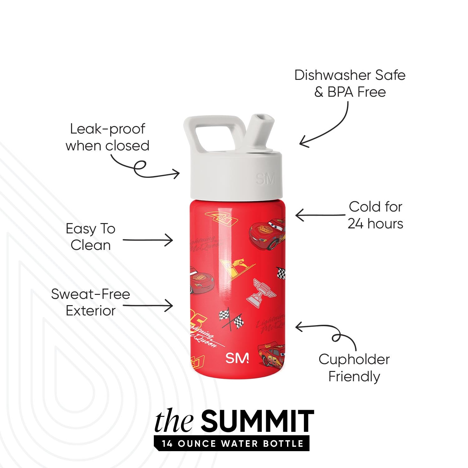 Simple Modern Disney Pixar Lightning McQueen Kids Water Bottle with Straw Lid | Reusable Insulated Stainless Steel Cup for Boys, Girls, School | Summit Collection | 14oz, Cars Lightening Speed