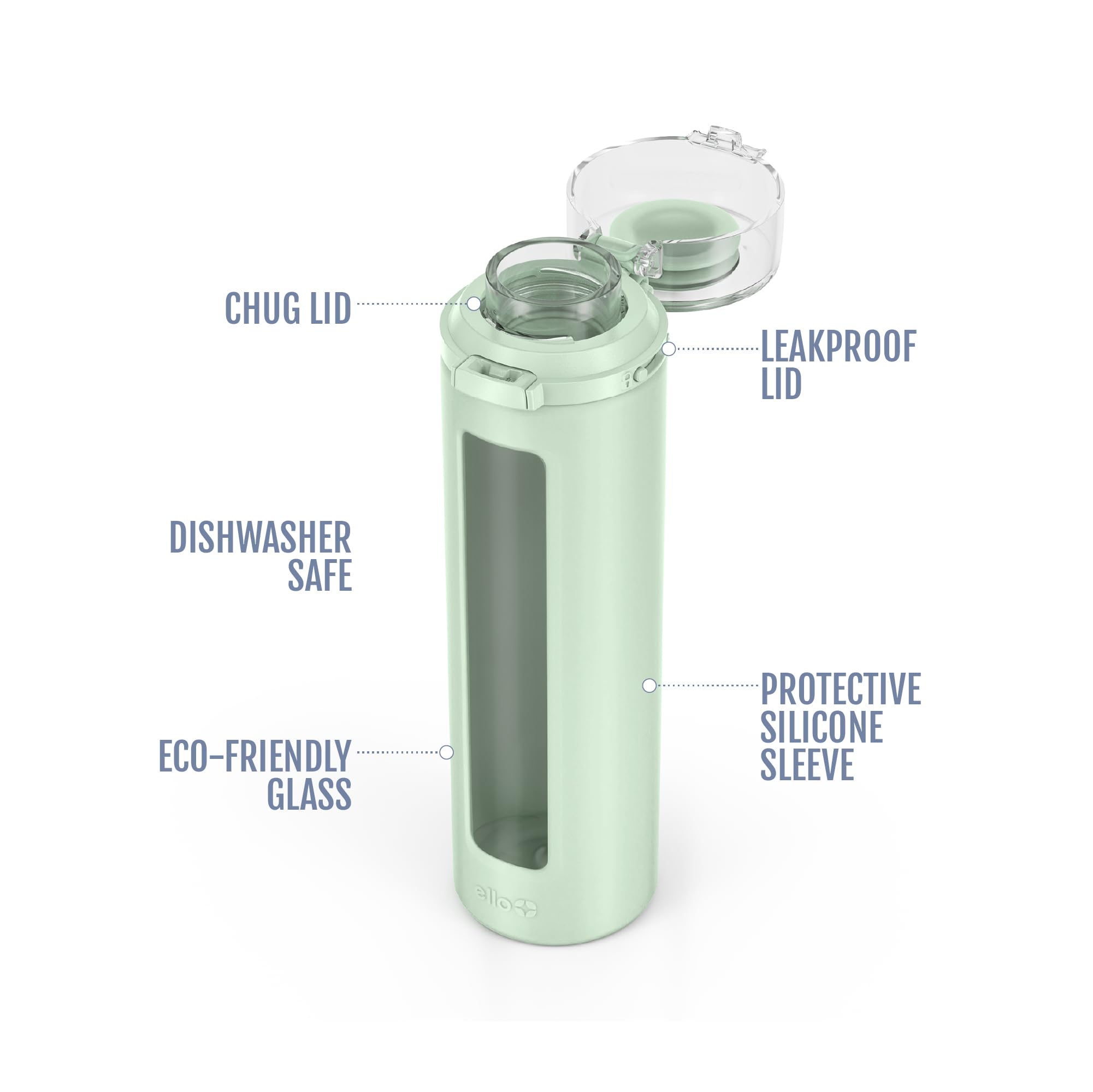 Ello Syndicate 20oz Reusable Glass Water Bottle with One-Touch Leak Proof Flip Lid, Protective Non-Slip Silicone Sleeve, Carry Loop for Coffee, Tea and Water, BPA-free, Dishwasher Safe, Sage