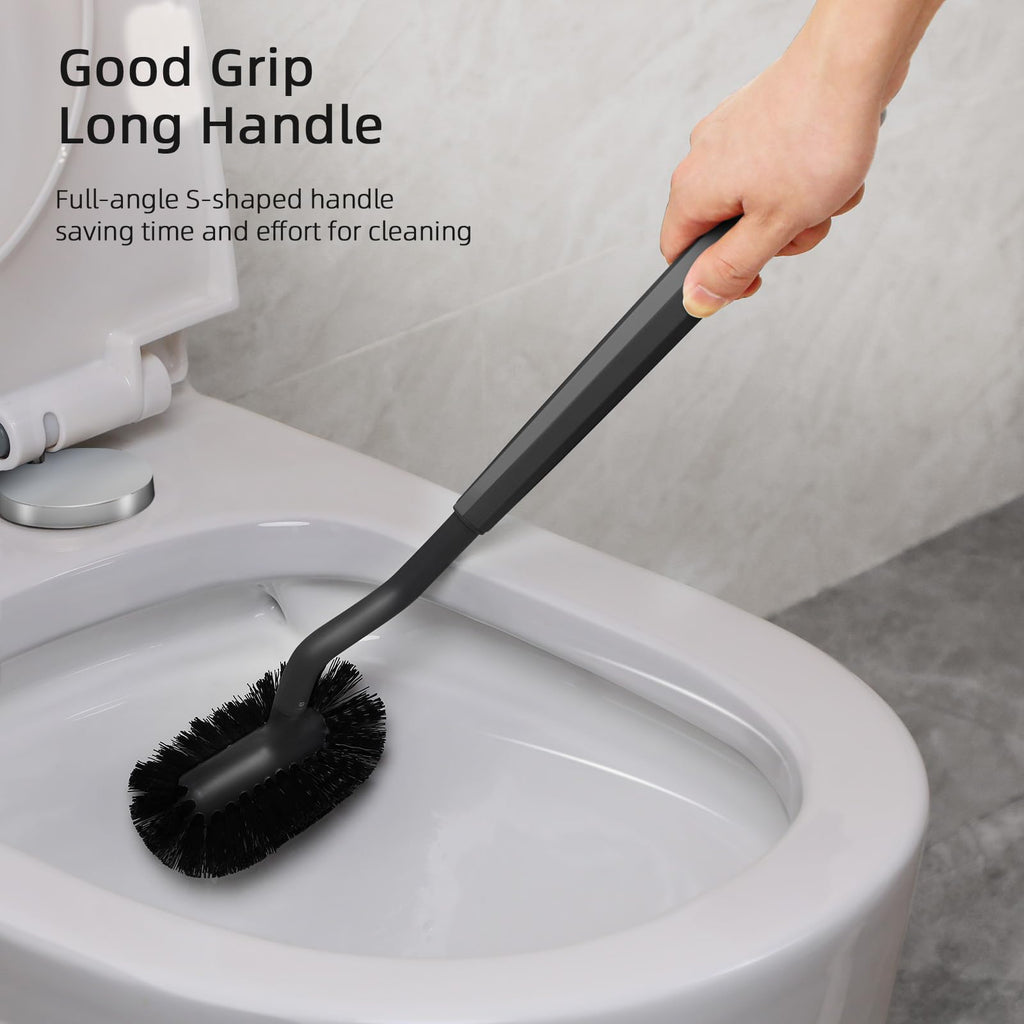 HAMITOR Toilet Brush and Holder Set: Curved Design Bathroom Toilet Bowl Cleaner Brush for Deep Cleaning Under Rim- Flexible Bristles Toilet Scrubber with Long Handle- Modern Travel RV Tools- Black