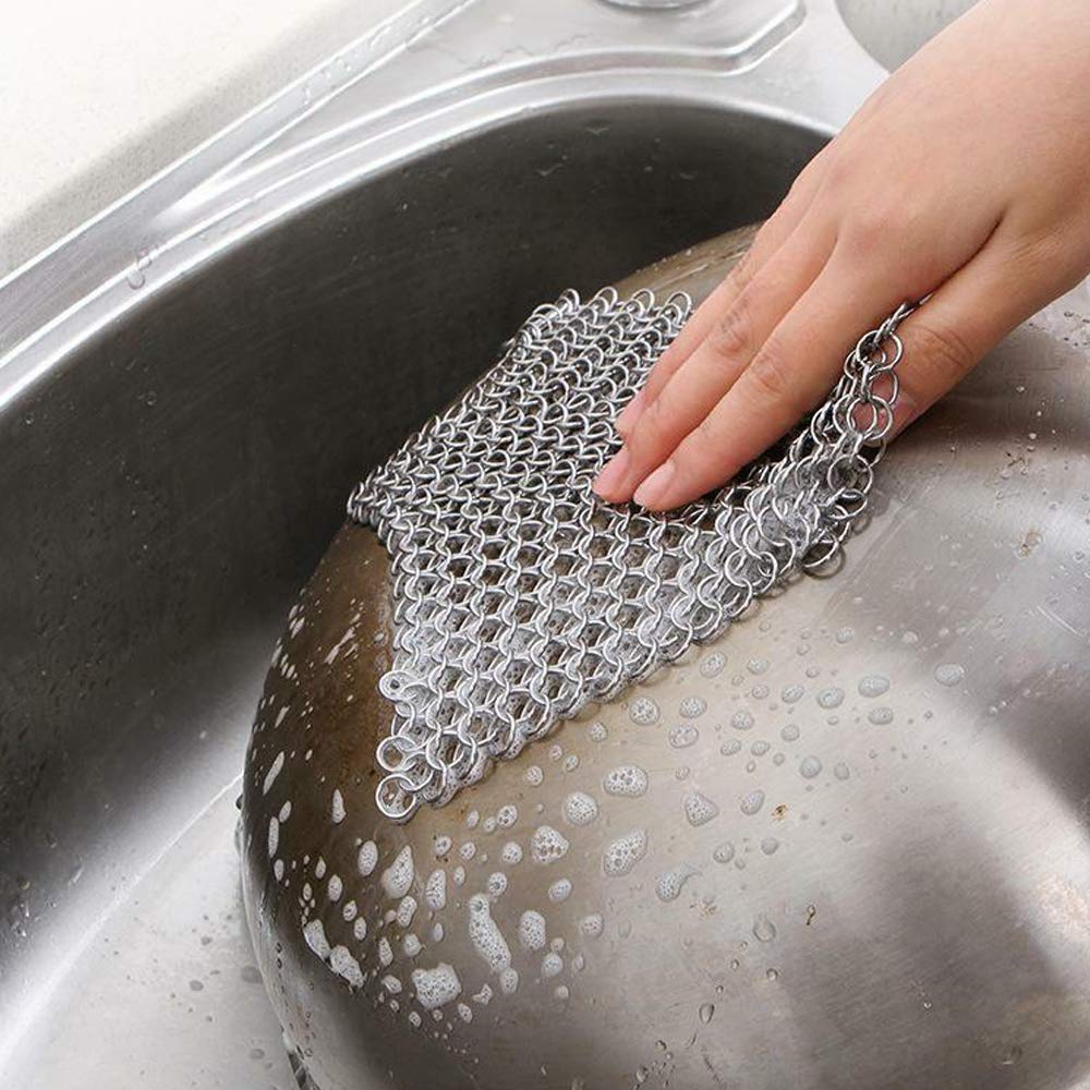 Stainless Steel Cast Iron Cleaner and Cast Iron Brush, SourceTon Stainless Steel Chainmail Scrubber and Bamboo Handle Brush for Skillet, Wok, Pot, Pan